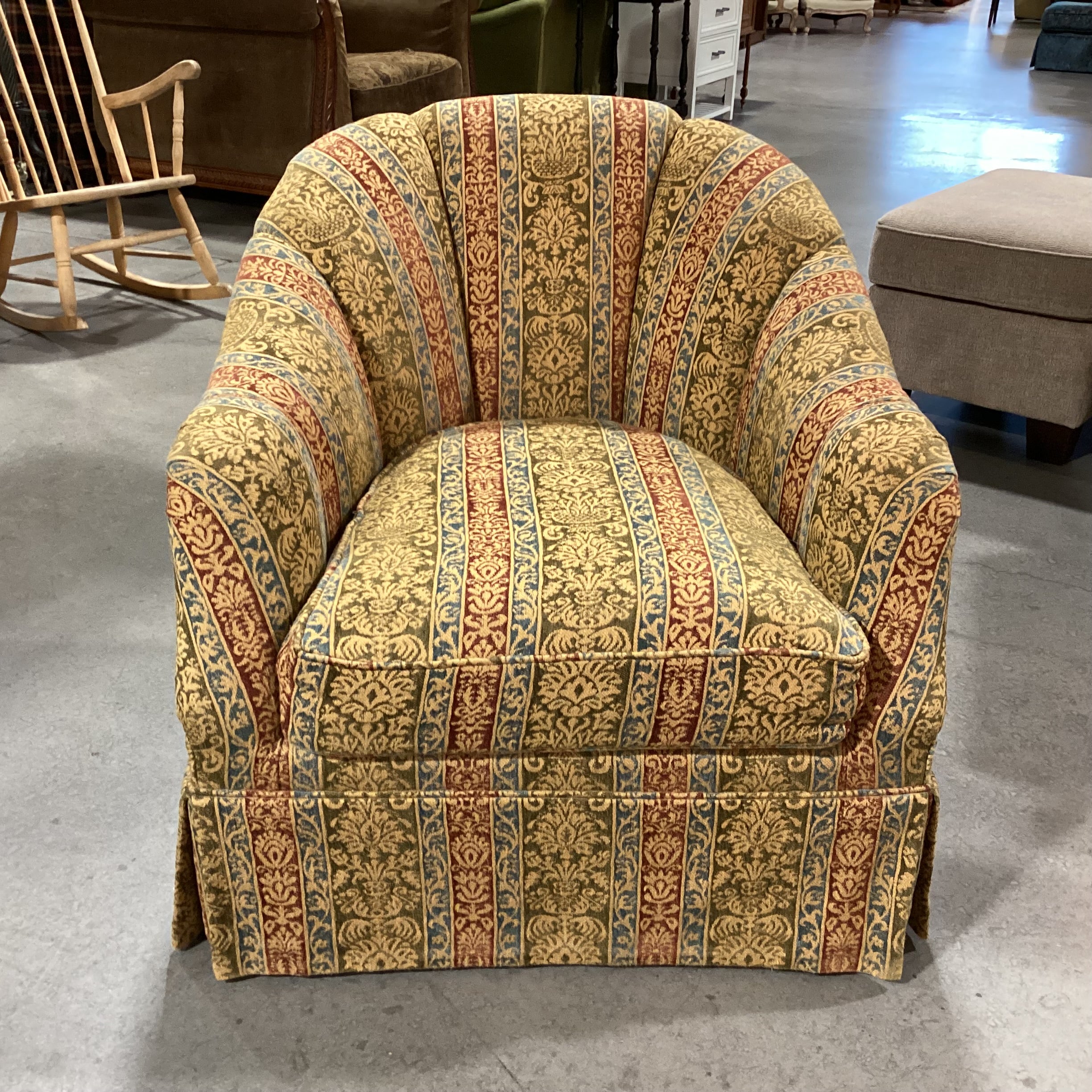 Custom Gold Sage Blue Rust Ornate Woven Ribbon Floral Scallop Back on Casters Chair 33"x 34"x 33"