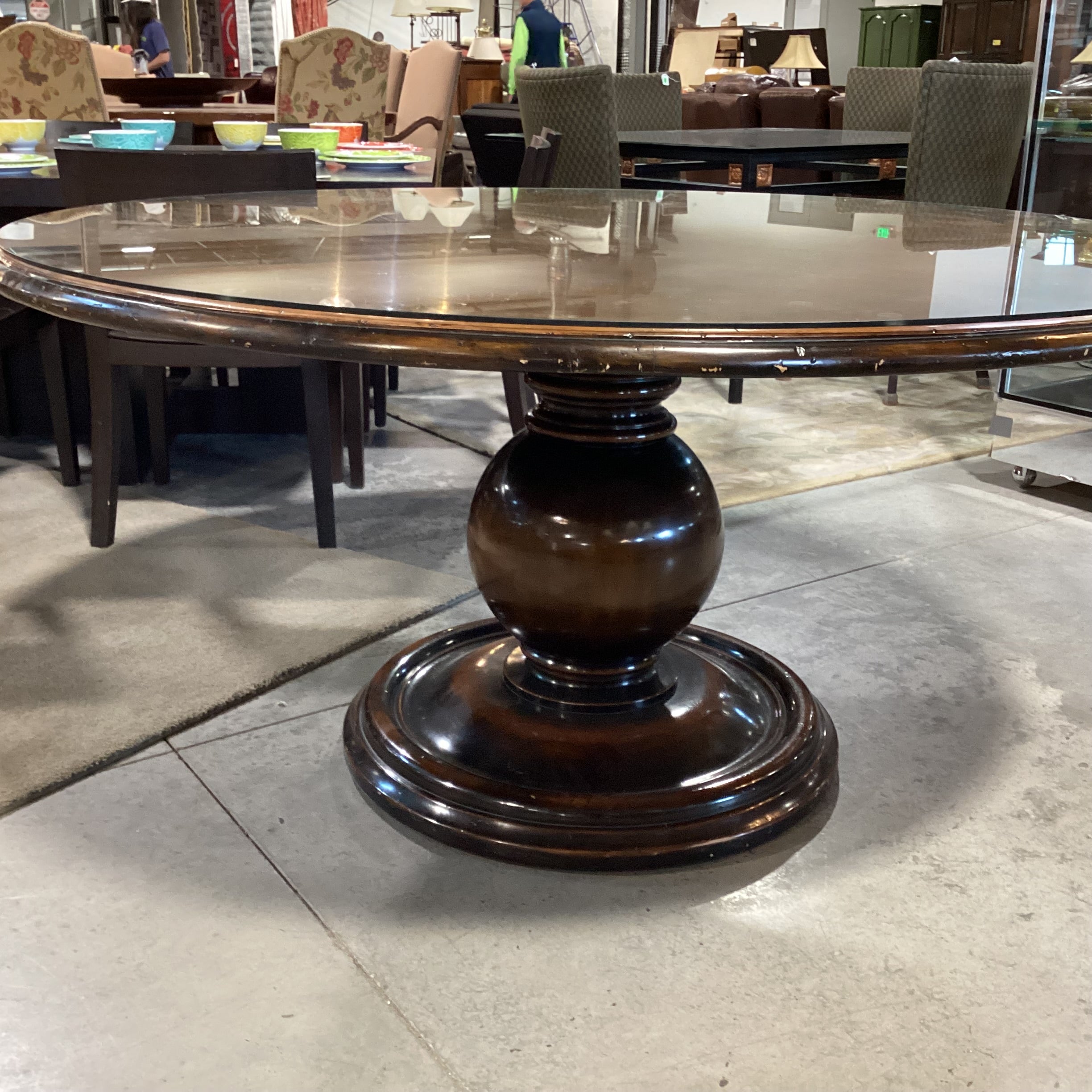 Carved Distressed Finish with Ornate Pedestal & Glass Top Round Dining Table 60" Diameter x 30"