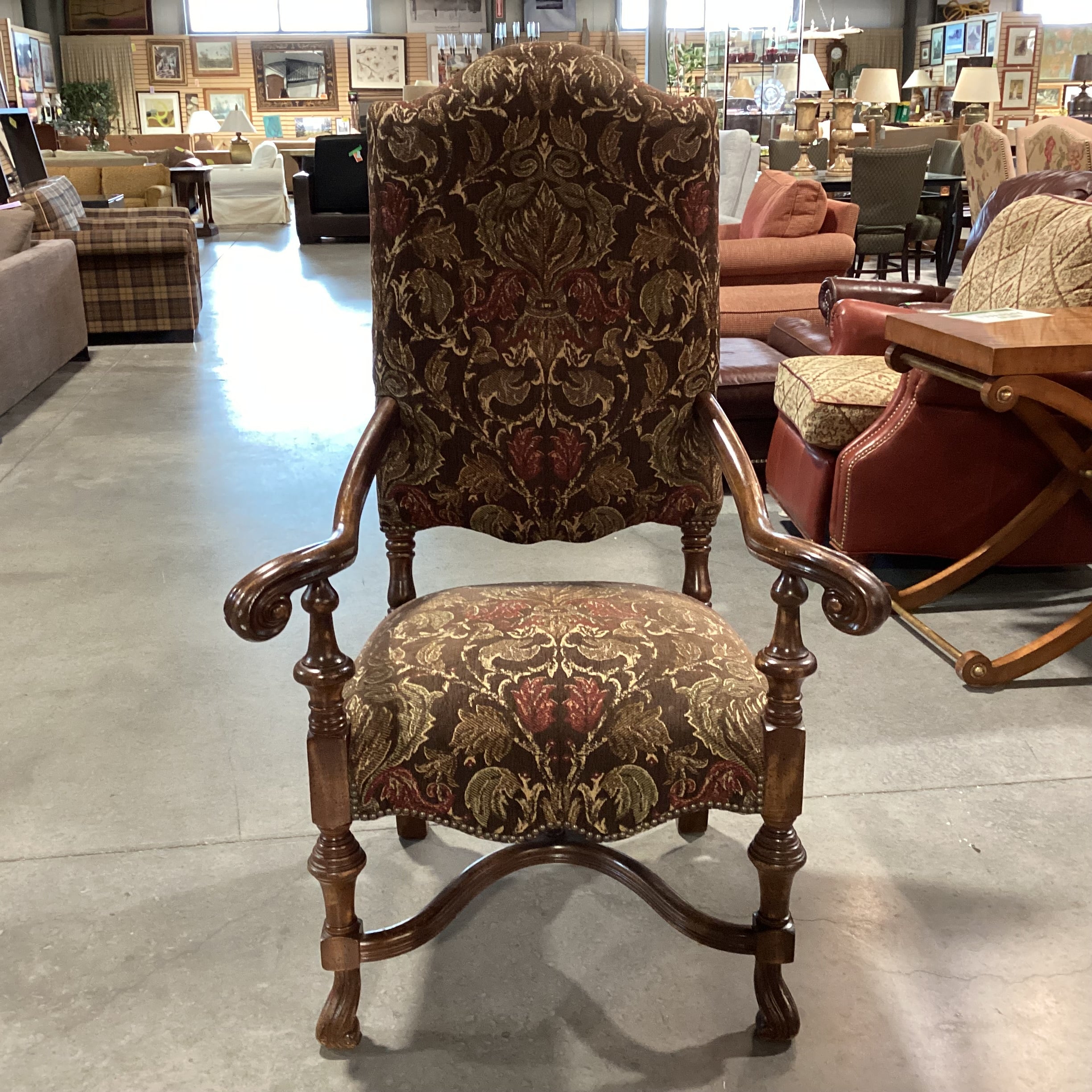 Wesley Hall Ornate Carved Wood & Brown Gold Floral Chair 33"x 33"x 53"