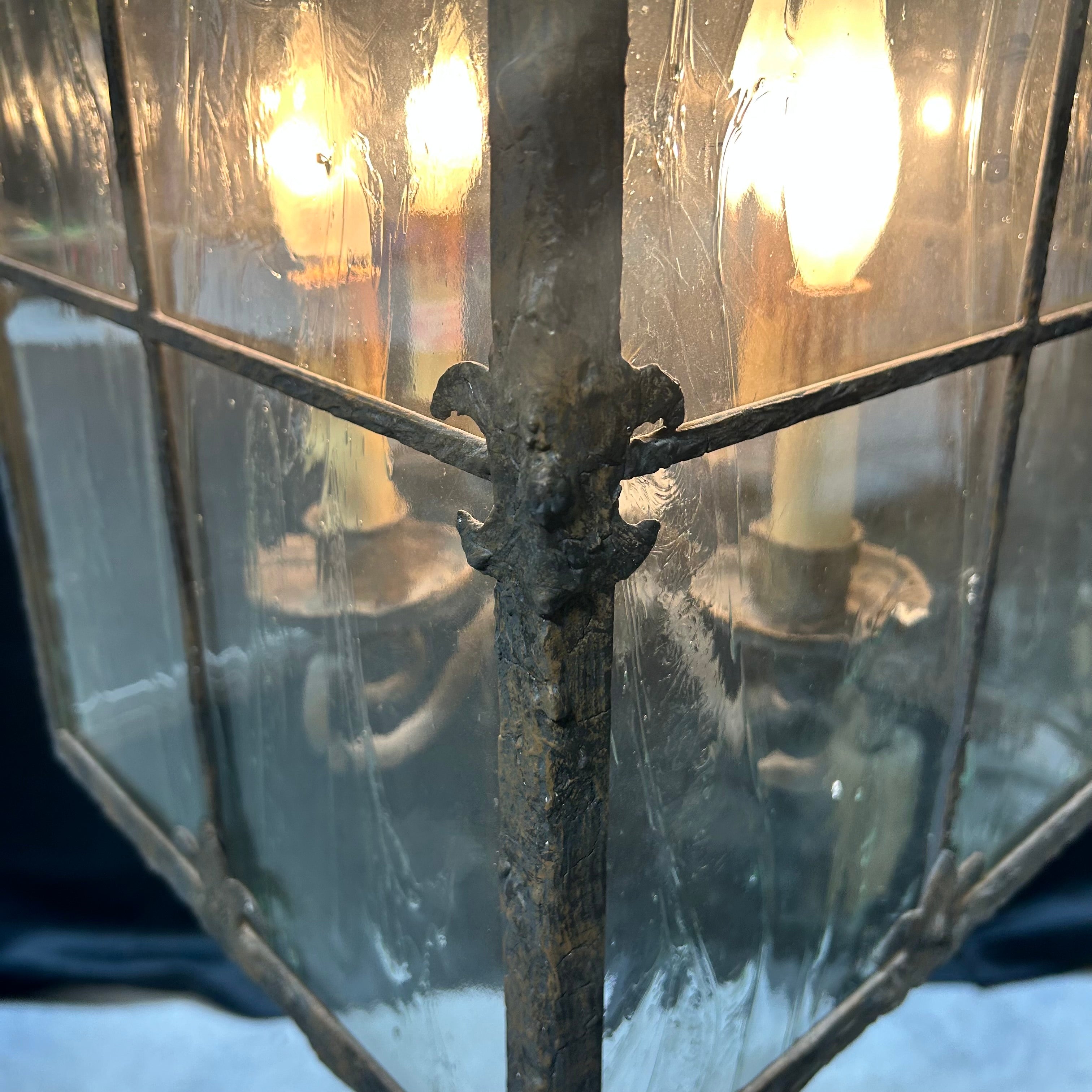 Vintage Rustic Metal & Textured Glass 4 Light Candelabra 12"x 25"Pendant