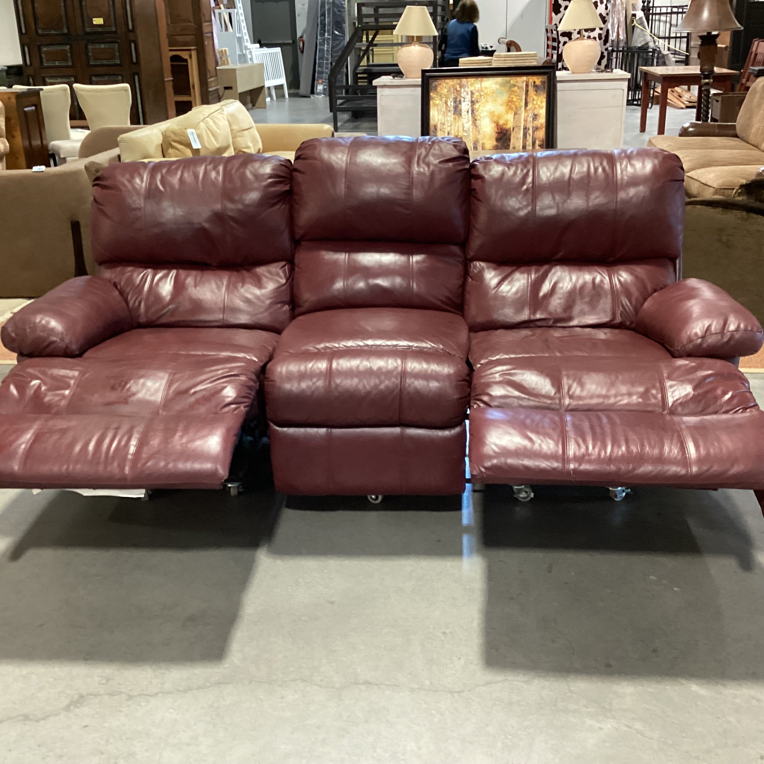 Lane Burgundy Leather Double Recliner on Casters Sofa 85"x 42"x 40"