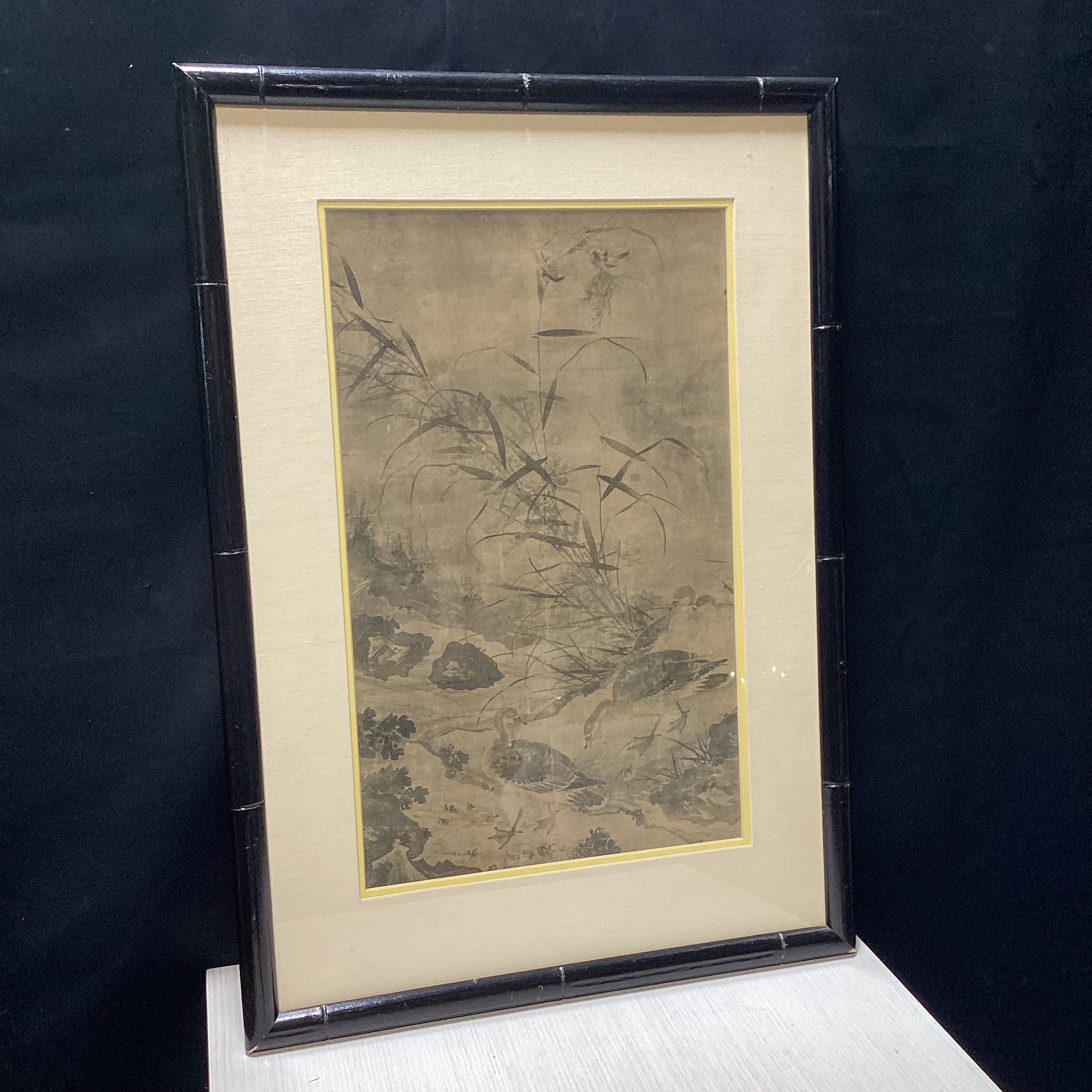Vintage Lin Liang "Wild Geese By A Mountain Stream" Framed Print 18.5" x 26"