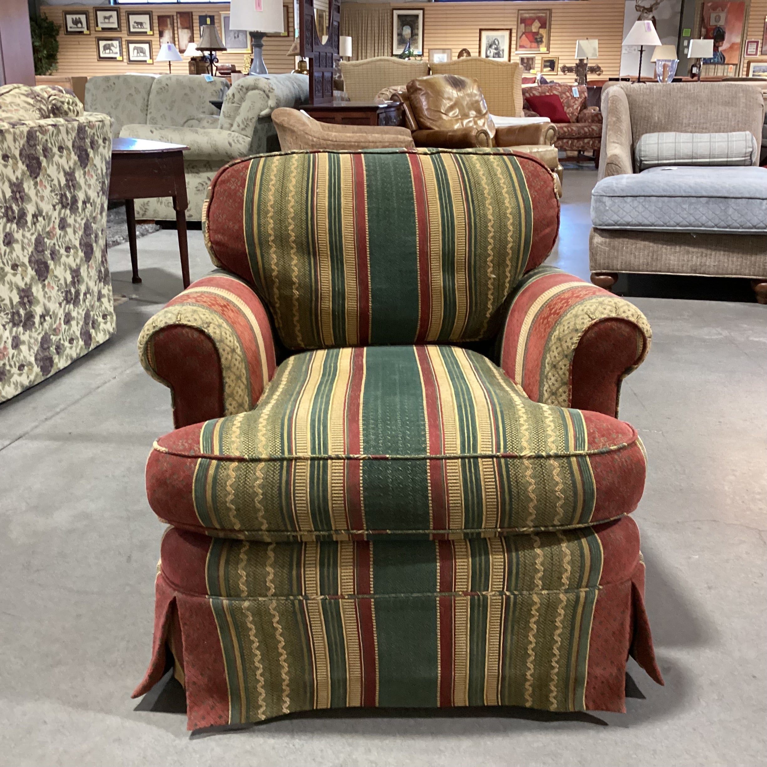 D Langston Custom Rust Green Gold Ribbon Design & Down Swivel Chair 33"x 36"x 31"