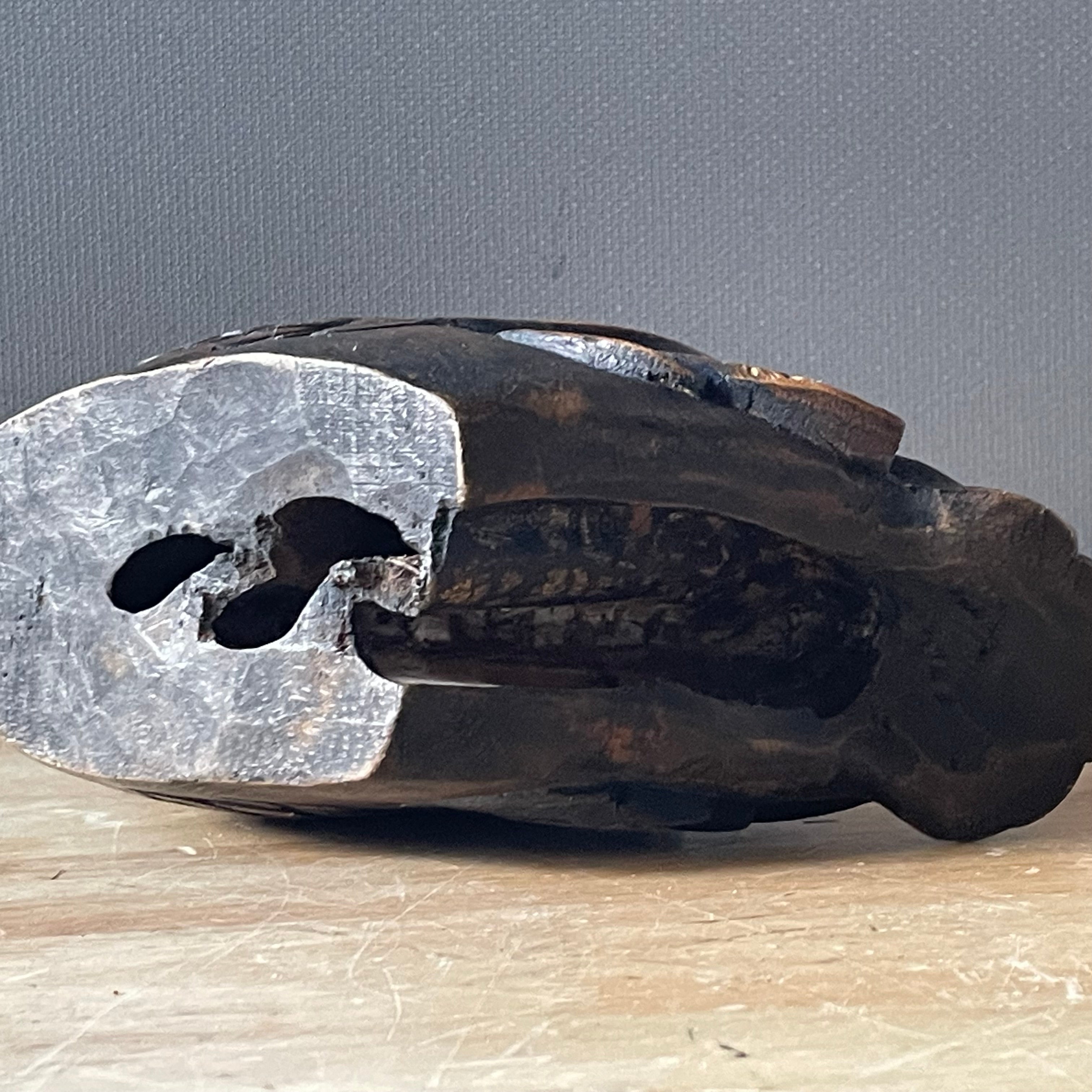 Antique Japanese Hand Carved Hardwood Mandarin Duck "Jizaikagi", or Hearth Hook, 11"x 4"x 5"