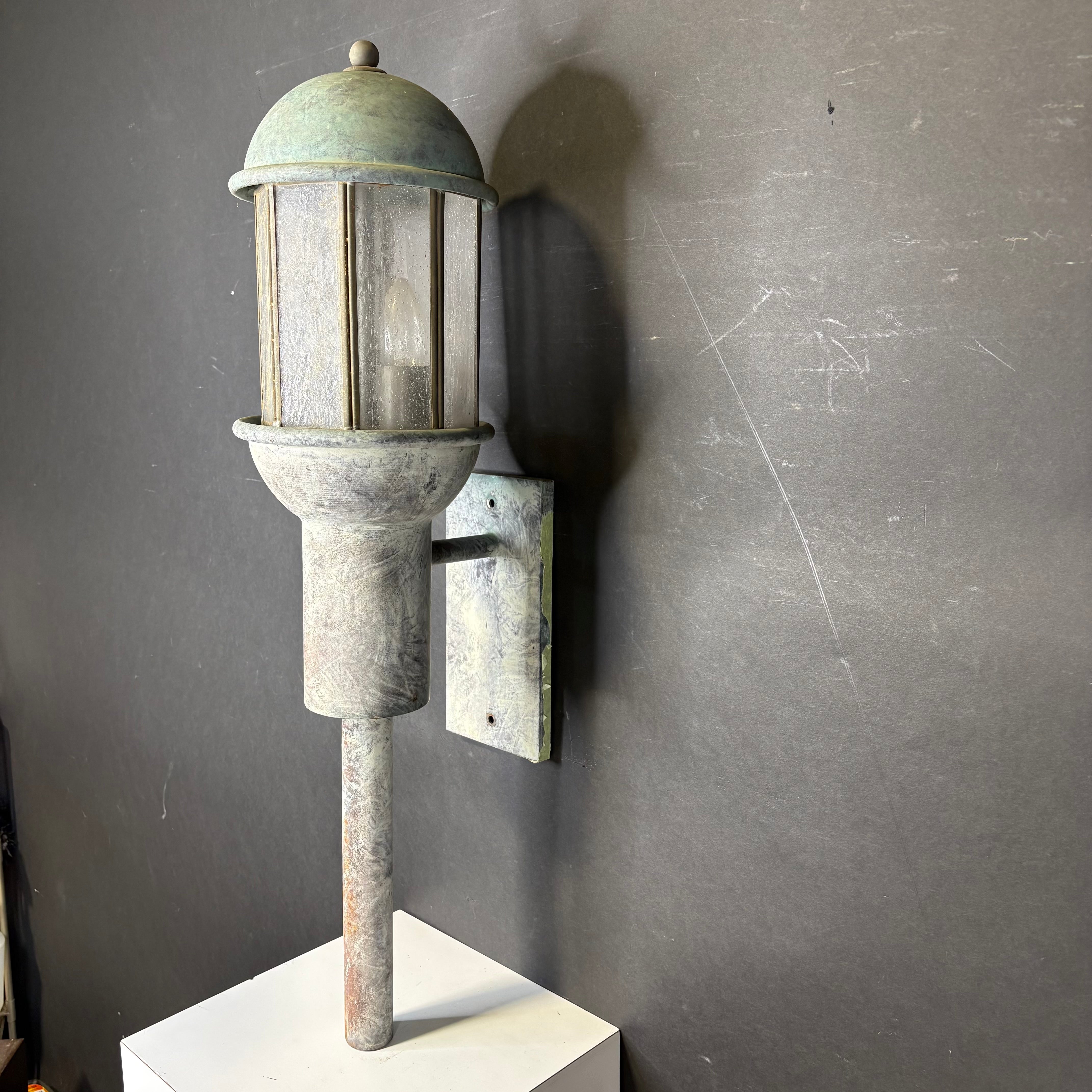 Rustic 2-Light Weathered Patina Iron and Glass Lantern Outdoor Wall Sconce 9”x 32”x 10”