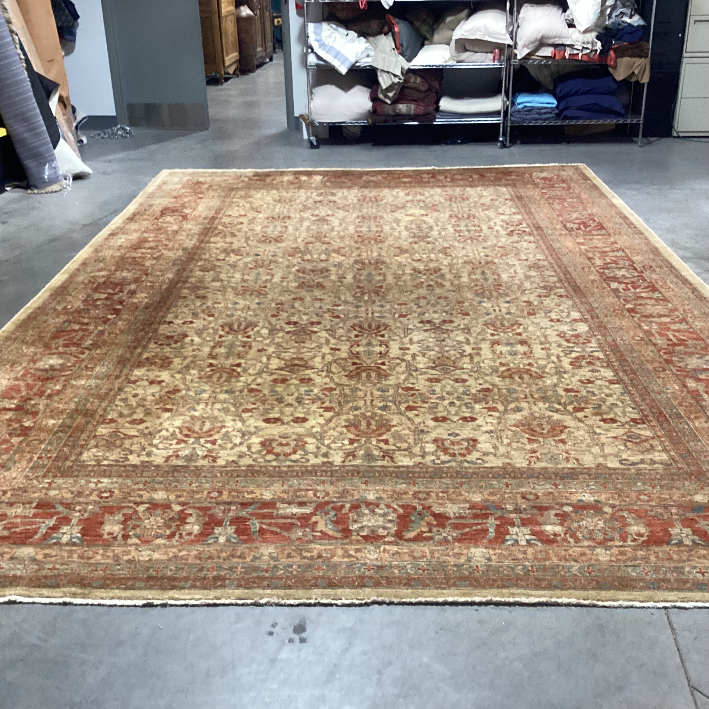 Golden Tan Rust & Blue Hand Woven Wool Rug 12'x 18'