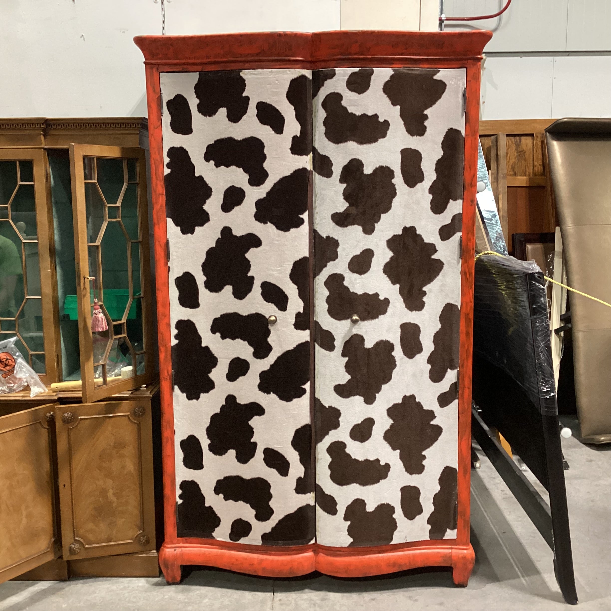 Solid Red Painted Wood with Faux Cowhide 2 Door with Shelves Armoire 50"x 24"x 83"