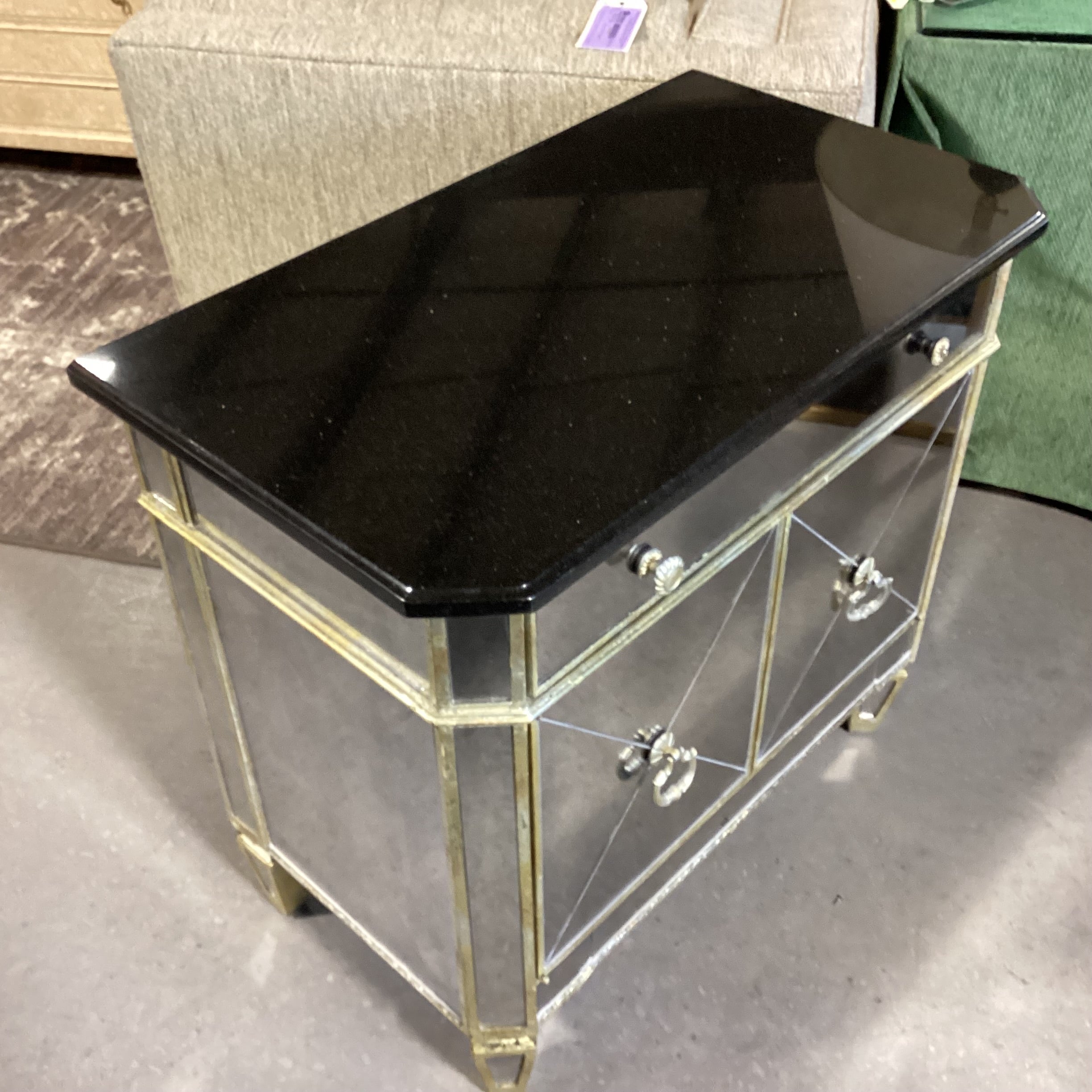 Antiqued Gold with Mirror & Black Granite Top 2 Door Night Stand 30.5"x 17.5"x 29"