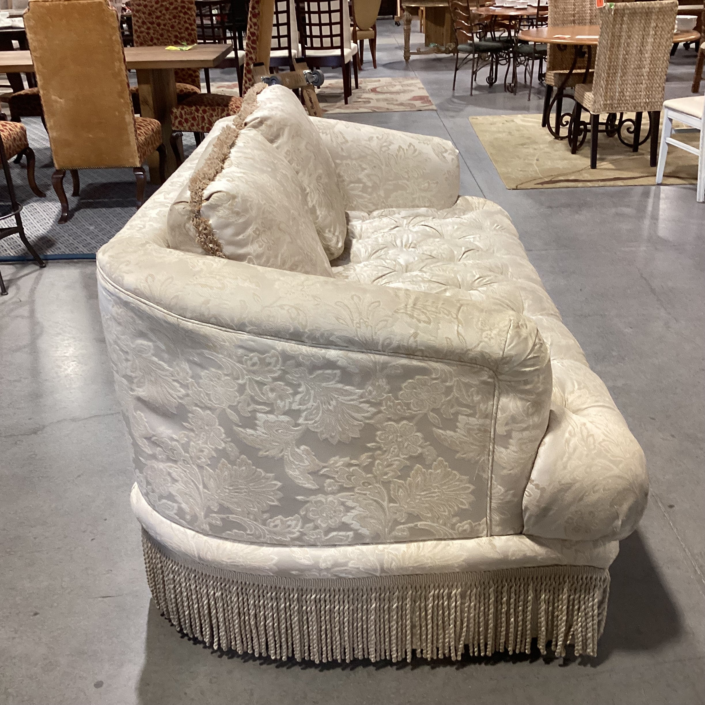 Cream Gold Raised Floral Tufted with Fringe Sofa 71"x 39"x 33"