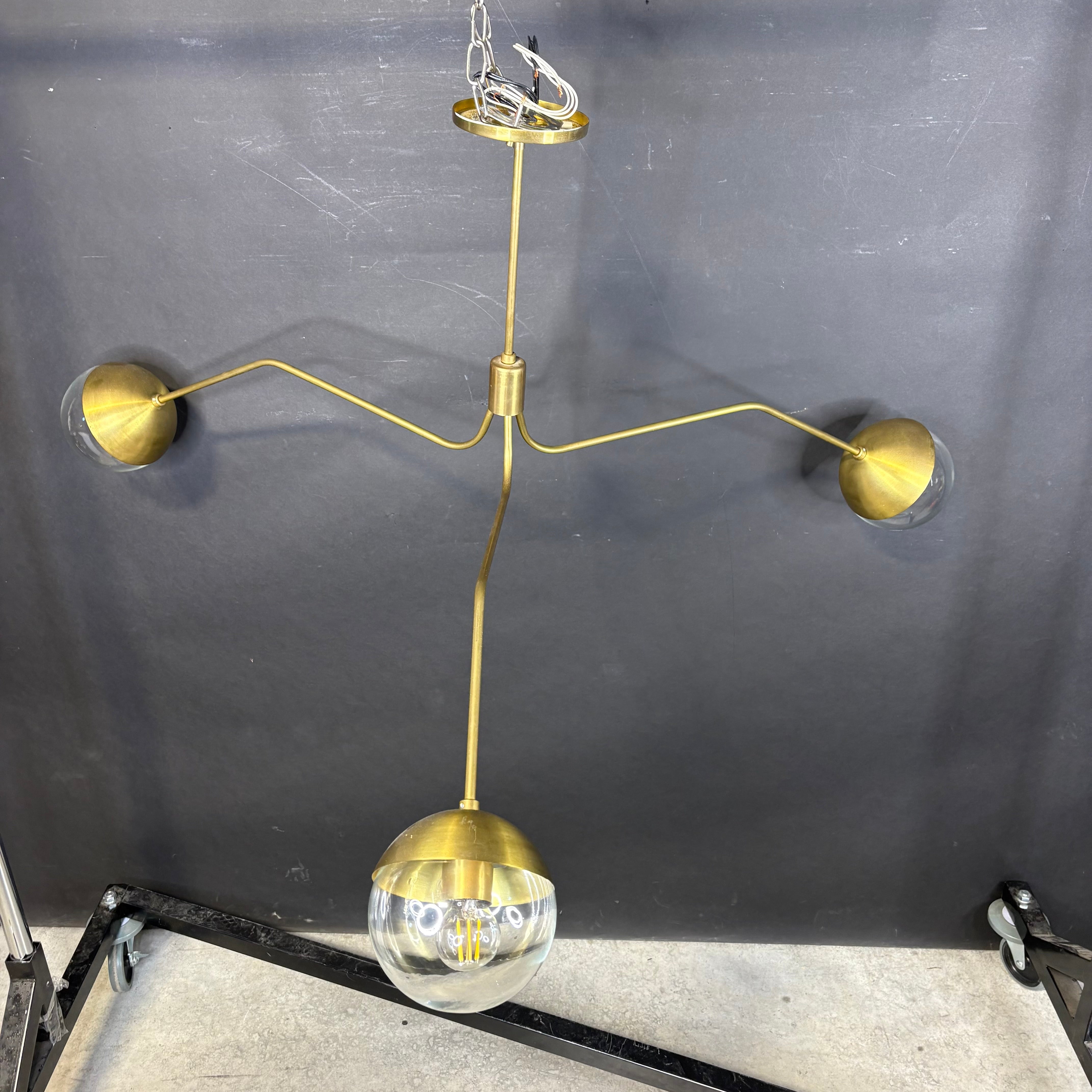 Seven Home Custom 3-Light Mid-Modern Antiqued Brass and Glass Chandeliers 50”x 38”x 24”