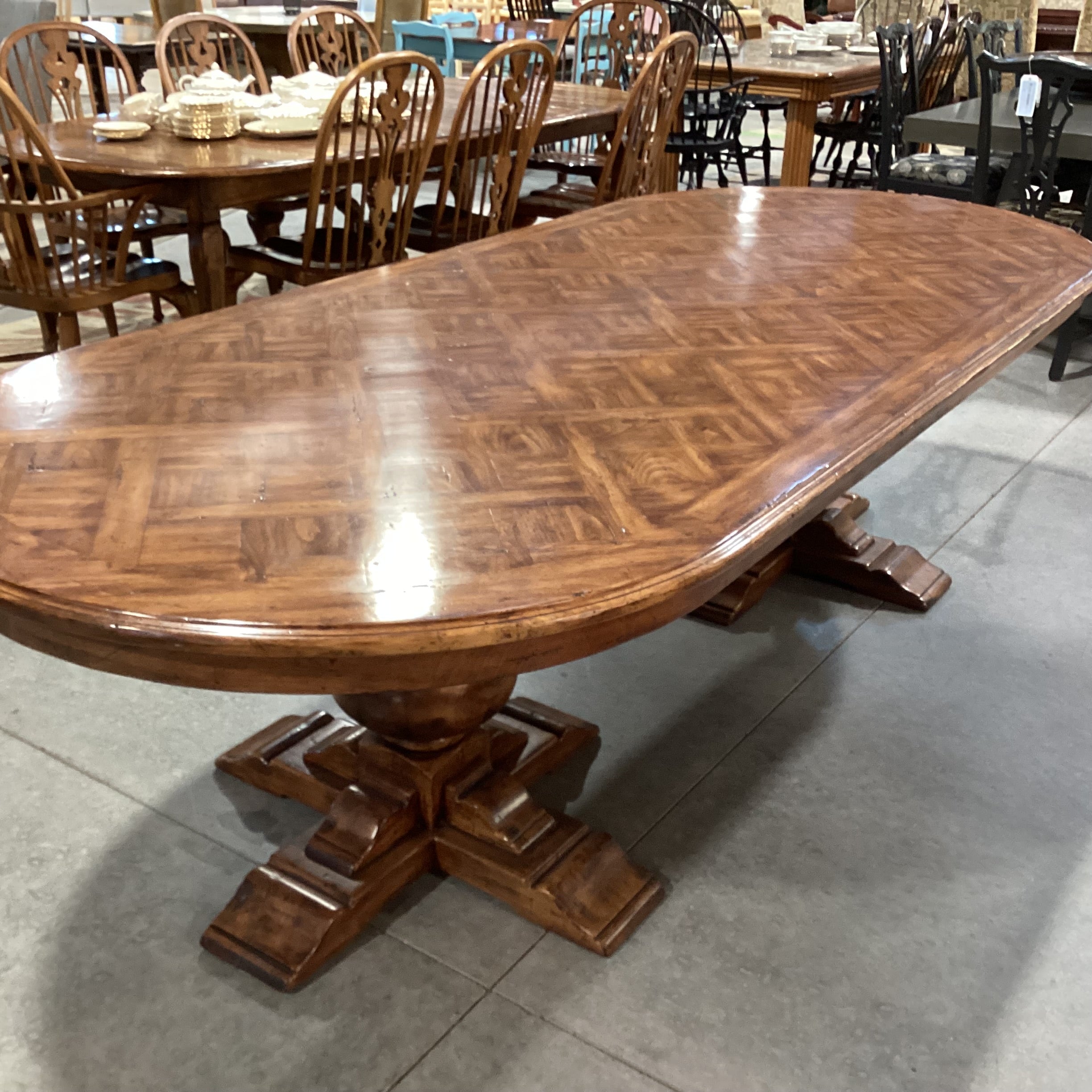Oval Lattice Inlay with Double Pedestal Dining Table 108"x 46"x 30"