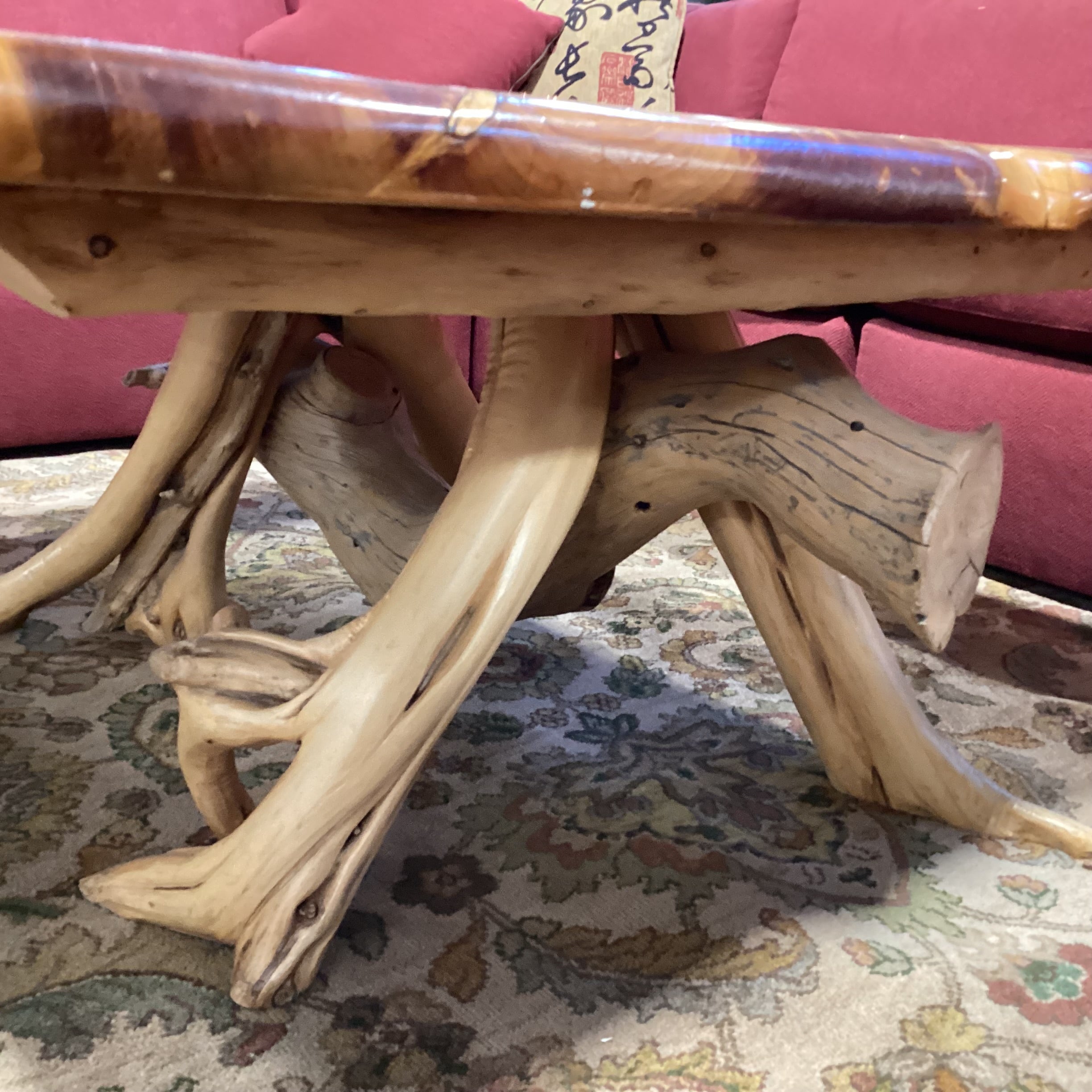 Hand Crafted Live Edge & Stump Trestle Coffee Table 44"x 44"x 20"