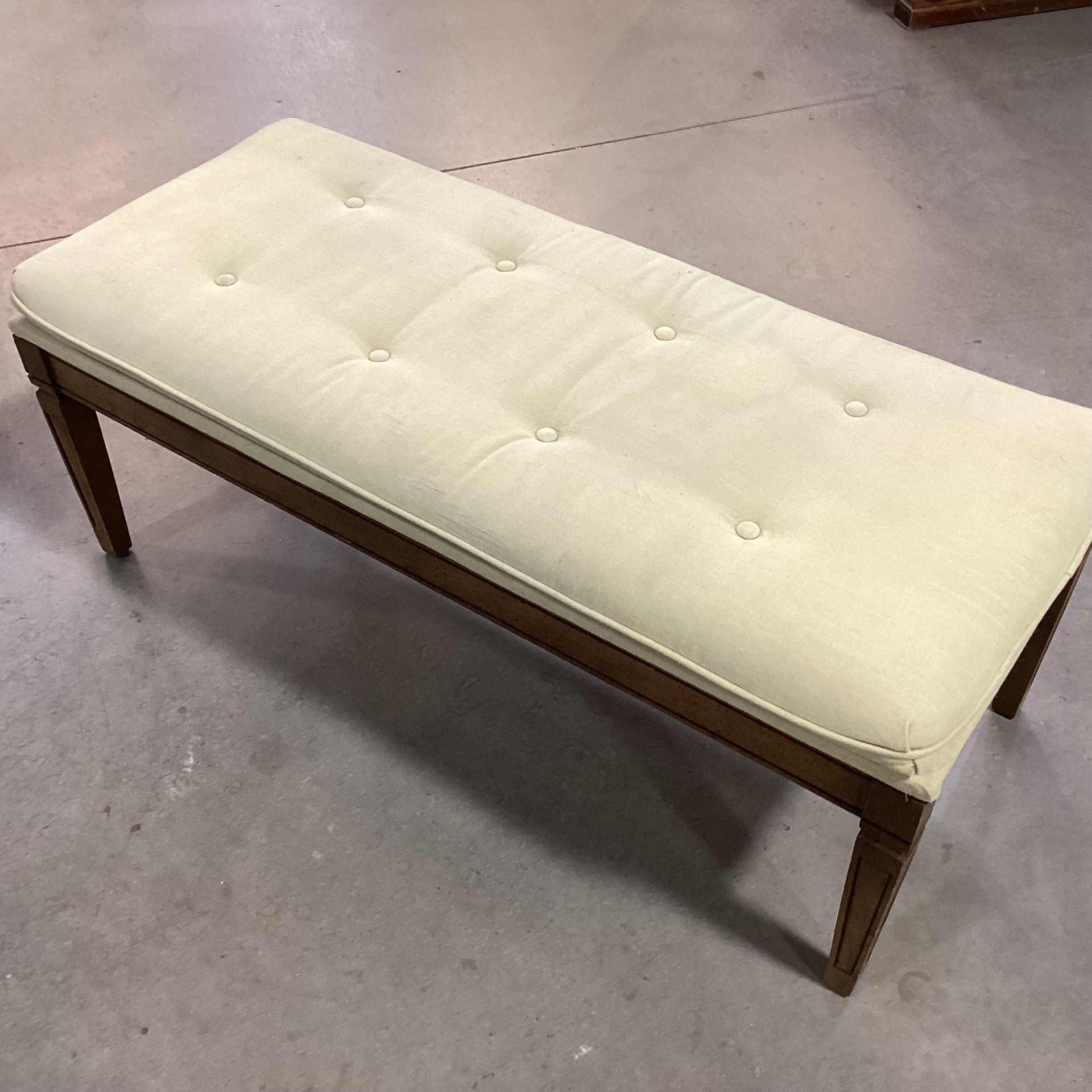 Vintage Carved Wood & Reed Green Button Tufted Bench 44"x 19"x 17"