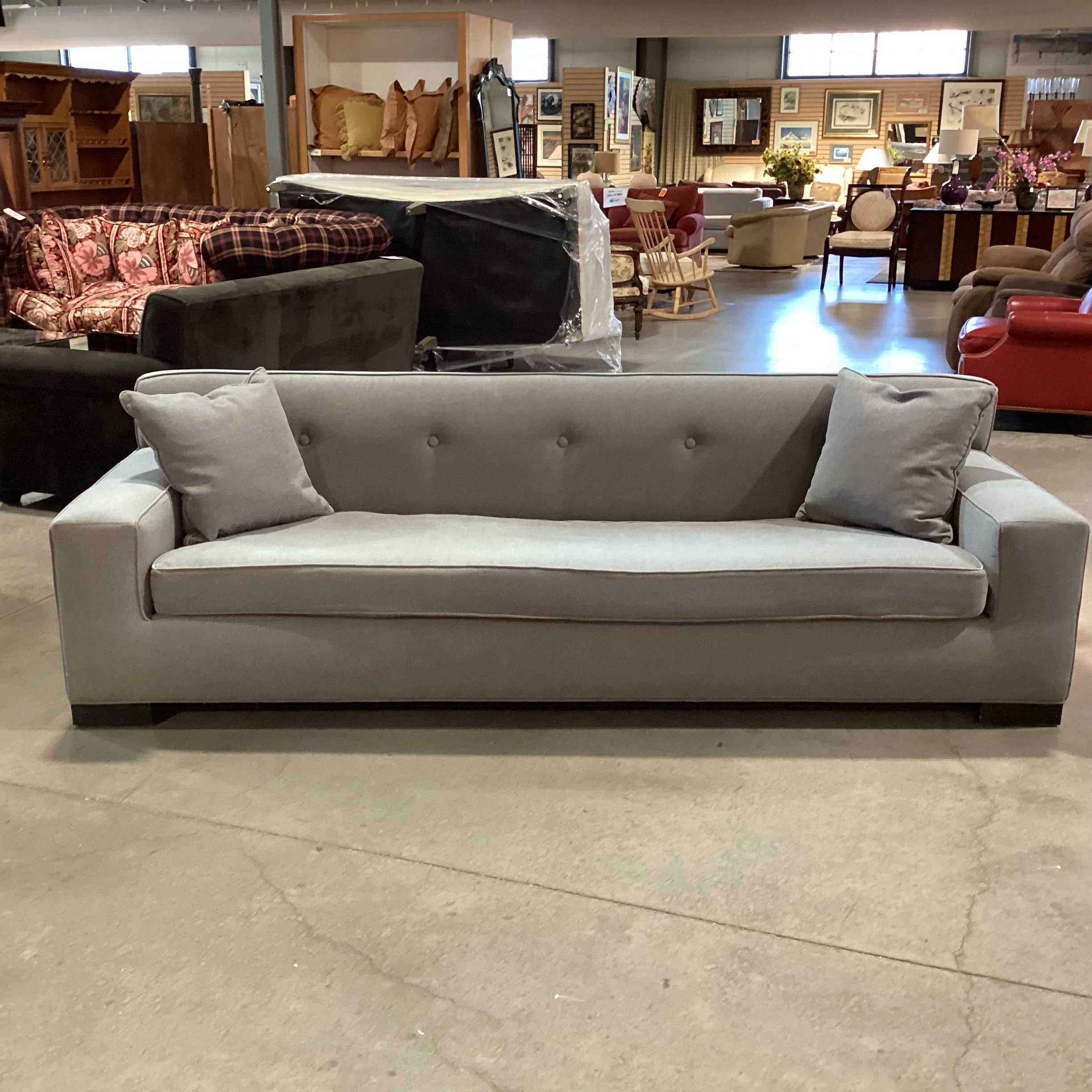 Mid Century Modern Style Blue Grey Wool Button Tufted Back Long Sofa 98"x 36"x 30"
