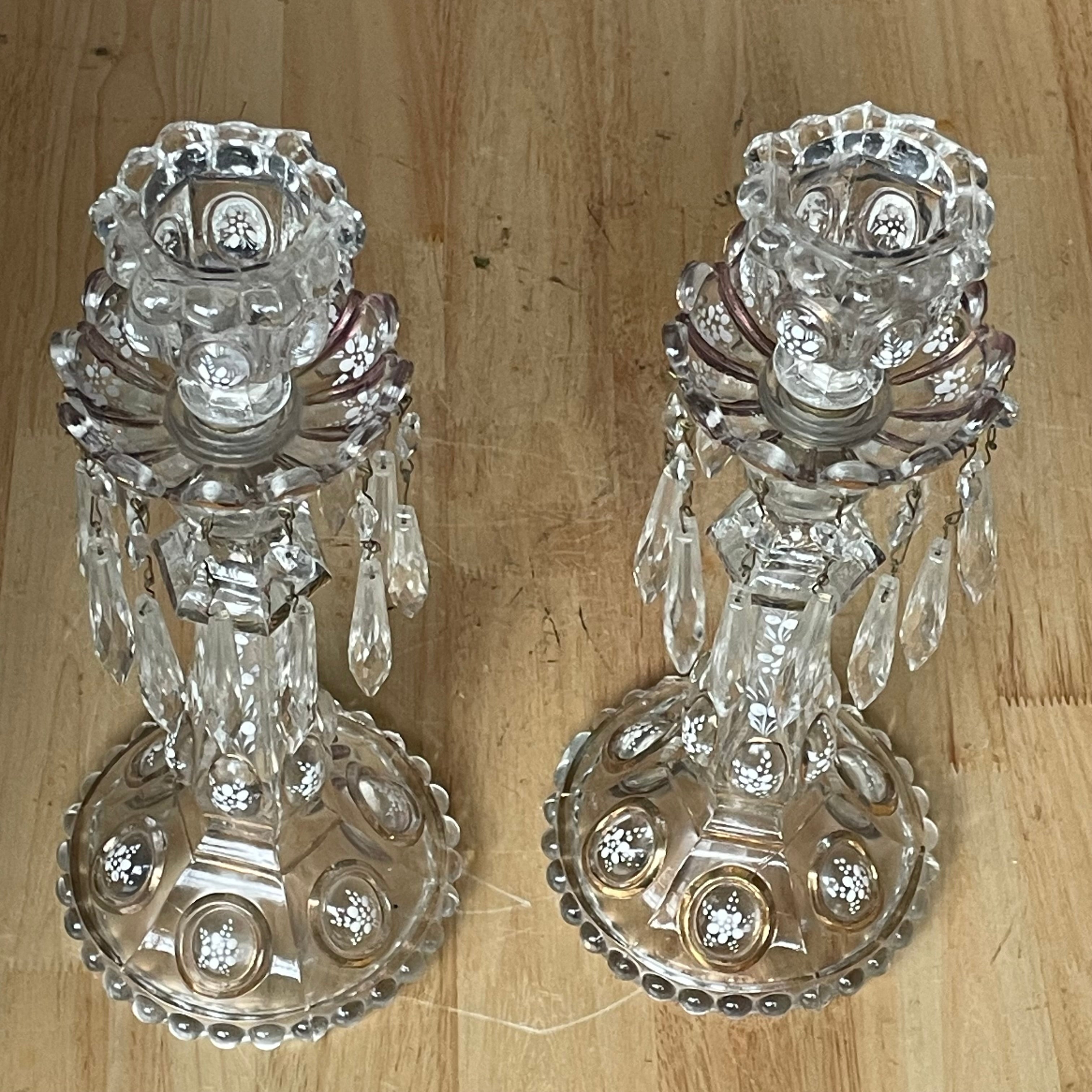 Antique 1850's Baccarat Style Gold Trim White Enamel Detail Pressed Glass Candelabras, Pair
