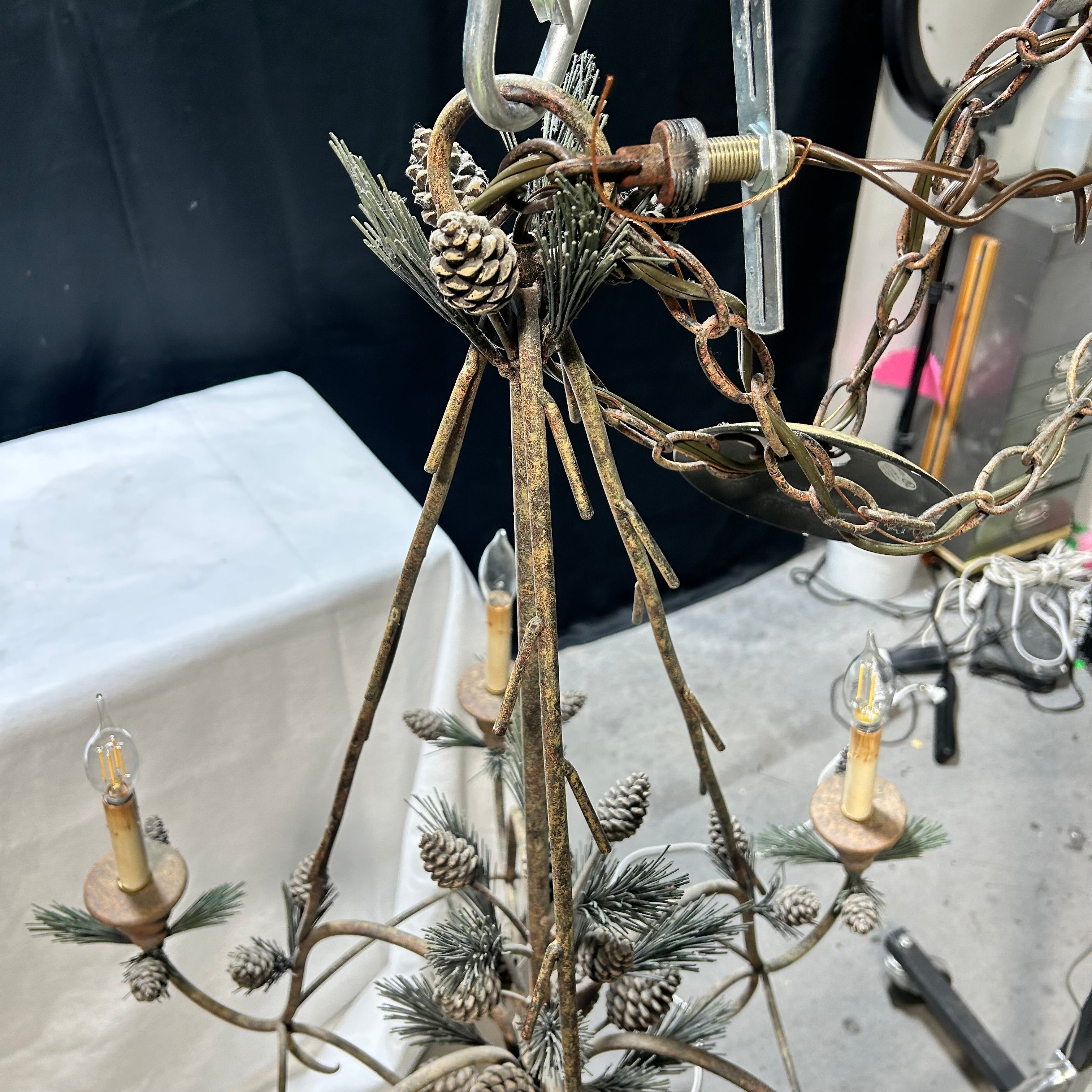 Vintage Iron Pine Cone Pine Needle 6 Light Chandelier 31"x 34"