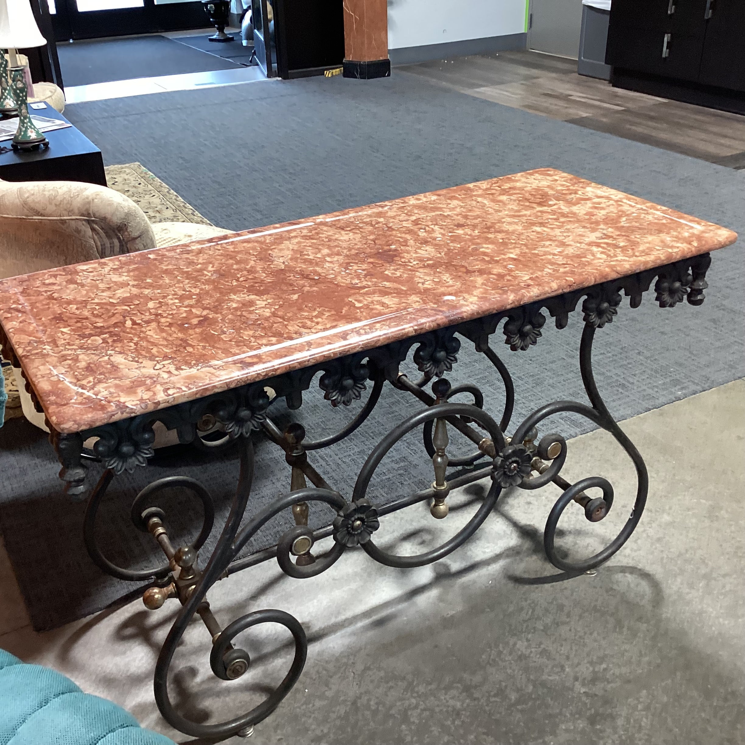 Antique French Ornate Iron & Original Marble Baker's Accent Table 52"x 23"x 31"