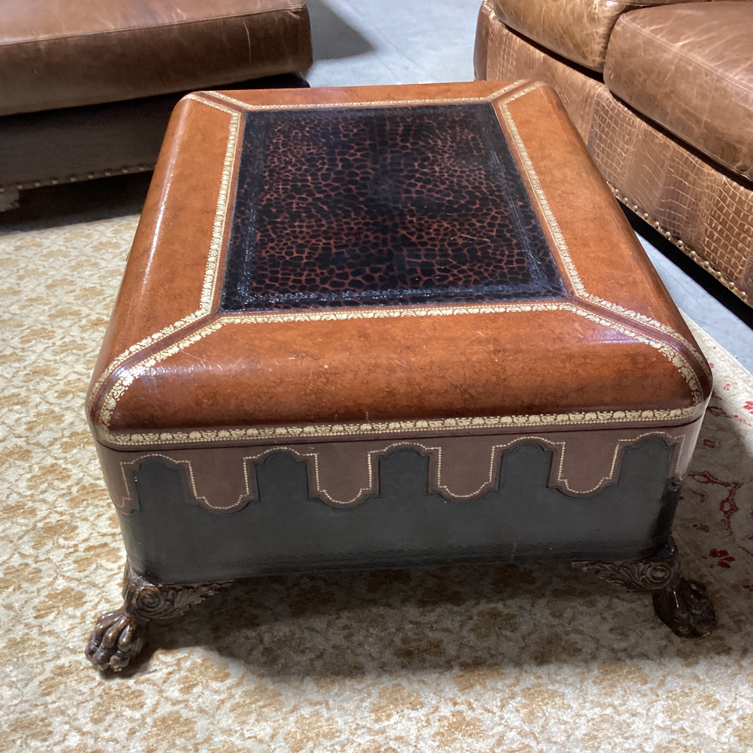 Maitland Smith Leather with Gold Stamping & Carved Clawfoot Trunk 44"x 35"x 18"