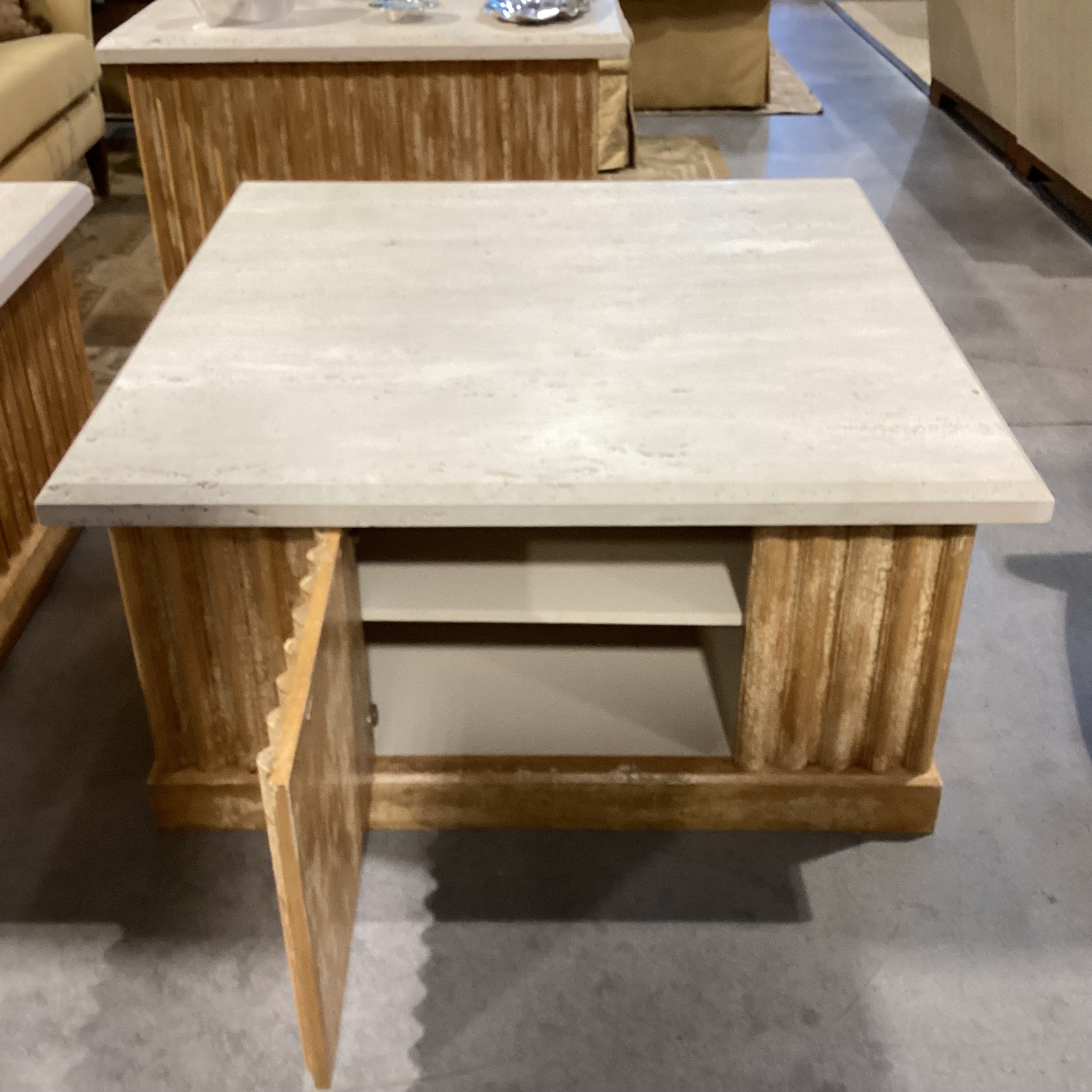 Custom Ribbed with Textured Crackle Finish Wood 1 Door with Shelf Travertine Top Coffee Table 48"x 48"x 24.5"