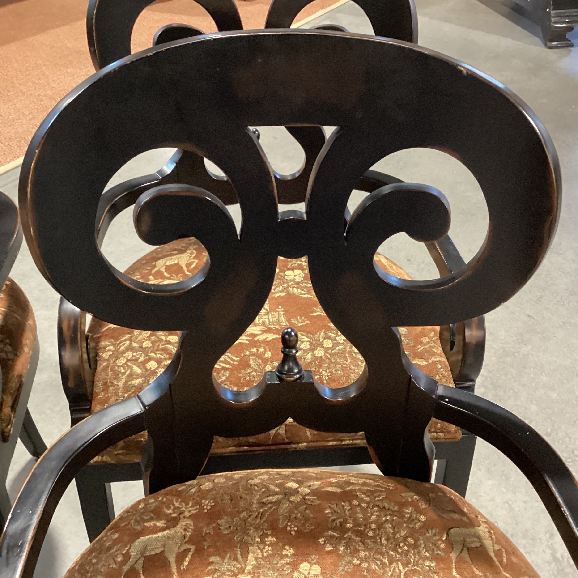 SET of 4 Vanguard Ornate Scroll Antiqued Black Wood & Brown Gold Animal Scene Upholstery Dining Chairs 23"x 23"x 40"