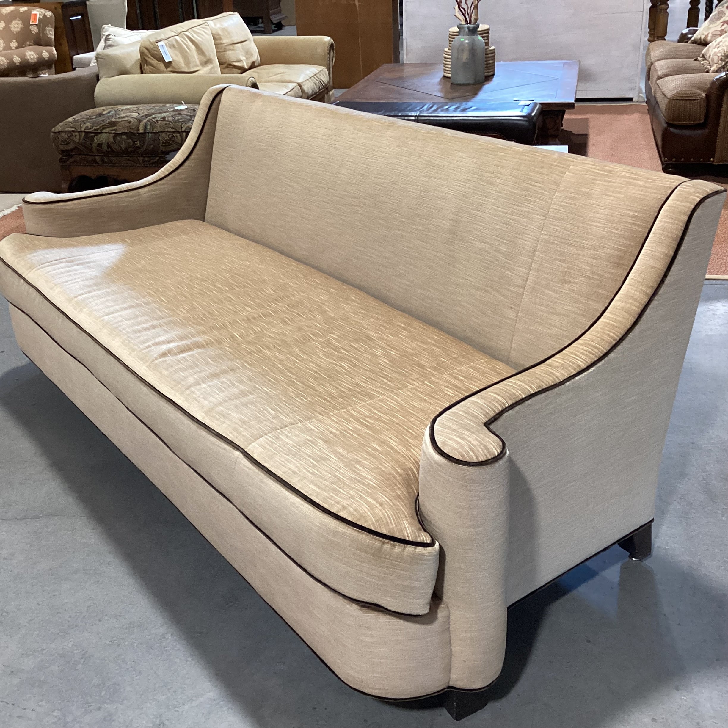 Golden Textured Velvet with Brown Velvet Piping Slope Roll Arm Custom Sofa 92.5"x 40"x 36"