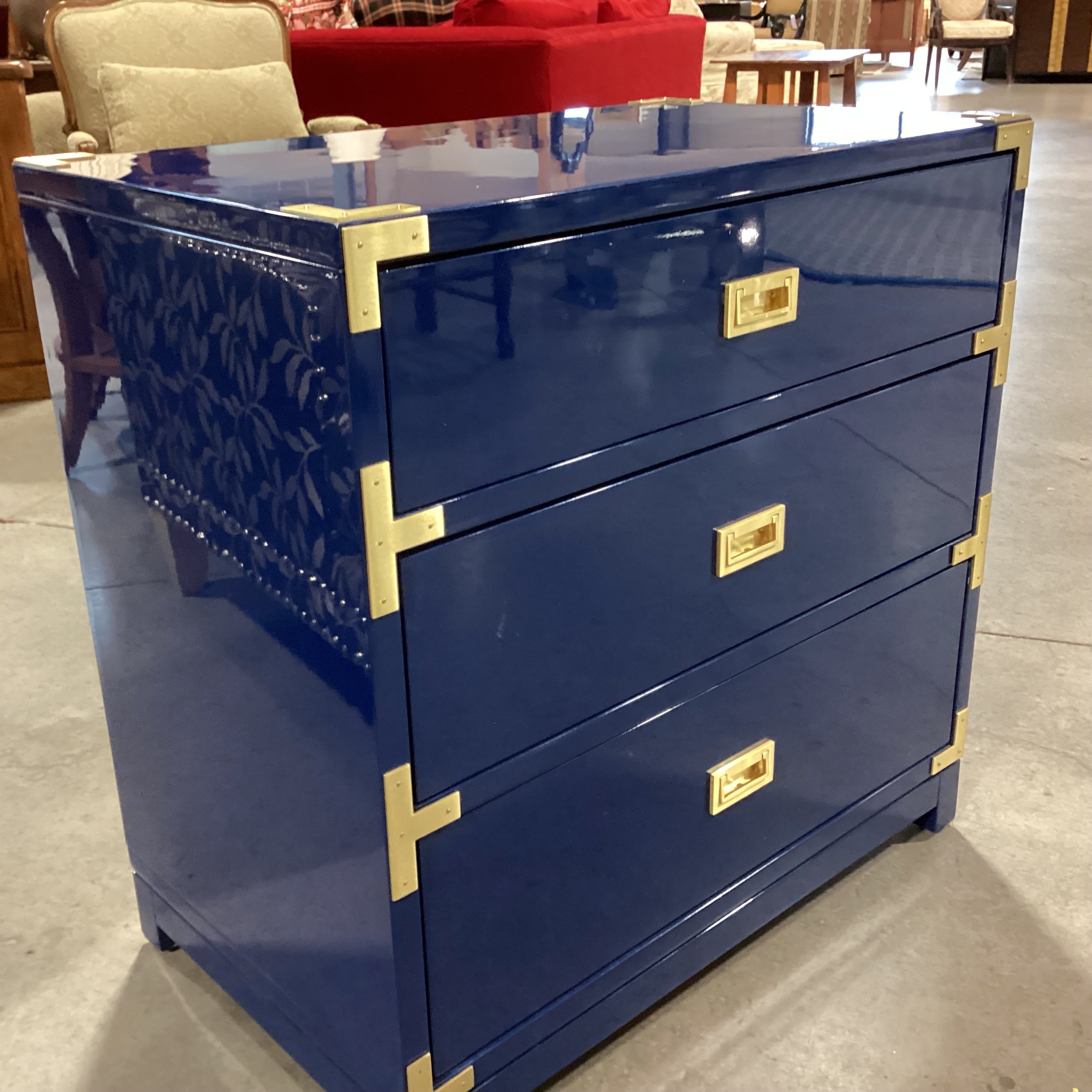 Navy Lacquer & Brass Campaign 3 Drawer Chest 30"x 18.5"x 30.5"