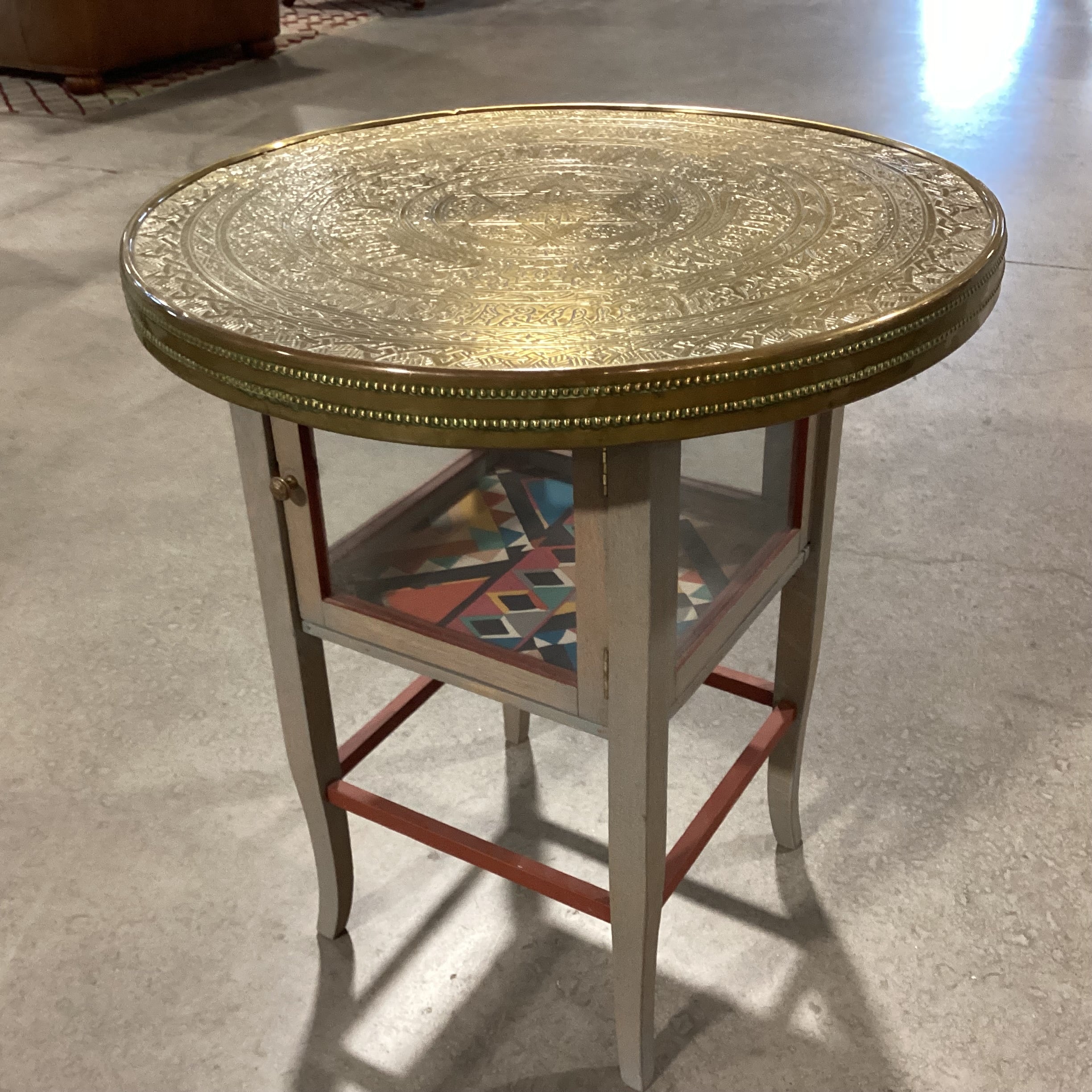 Middle East Brass Tray Top & Wood Glass 1 Door Base Accent Table 24" Diameter x 26"