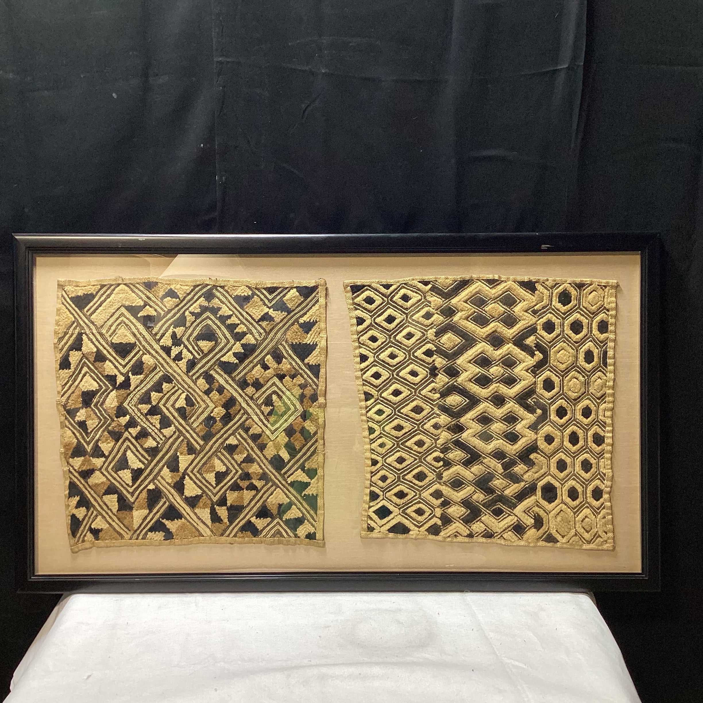 Vintage Kuba Shoowa Cloths In Black Frame 26.5" x 47.5"