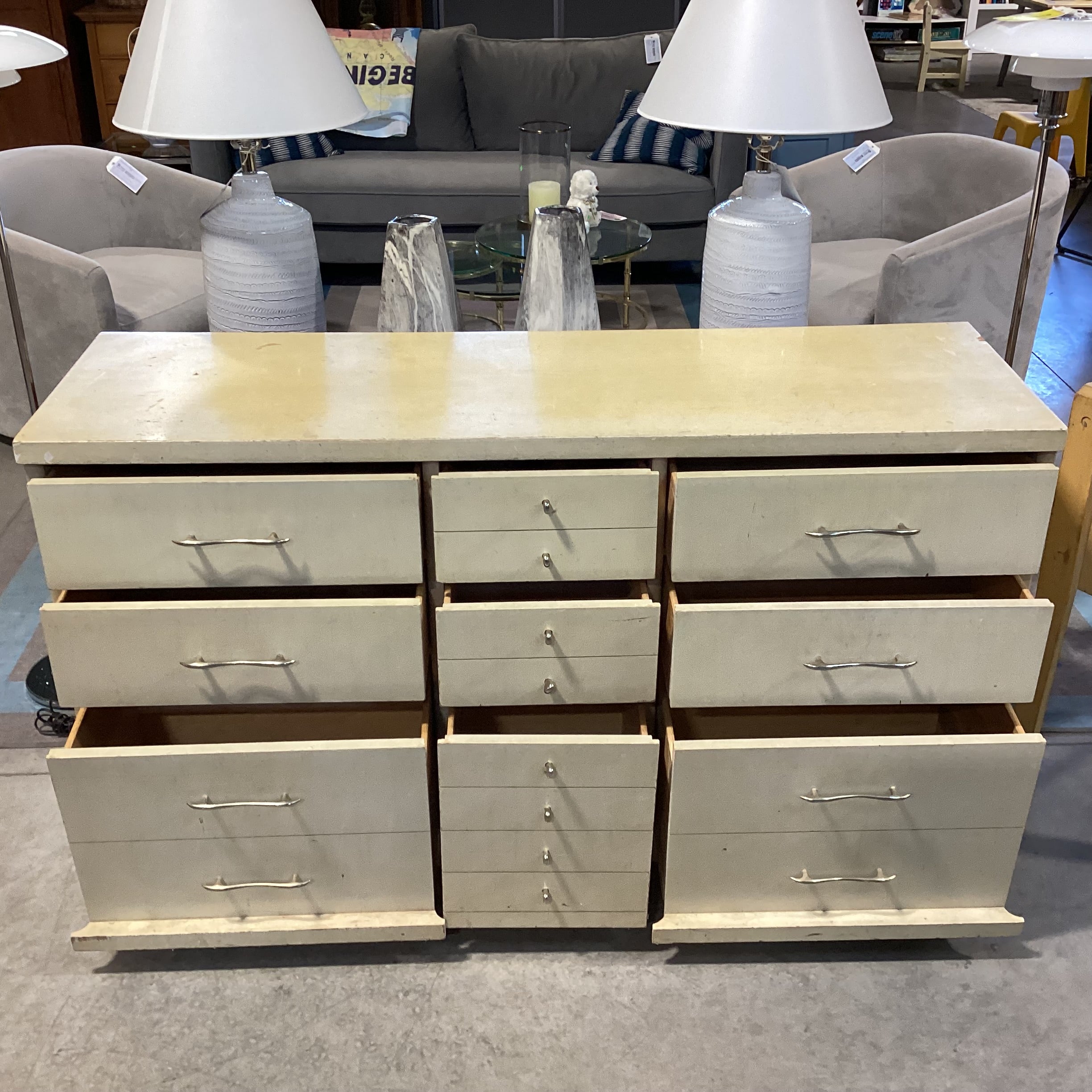 Mid Century Blonde Finish Wood 9 Drawer Dresser 58"x 18"x 33"