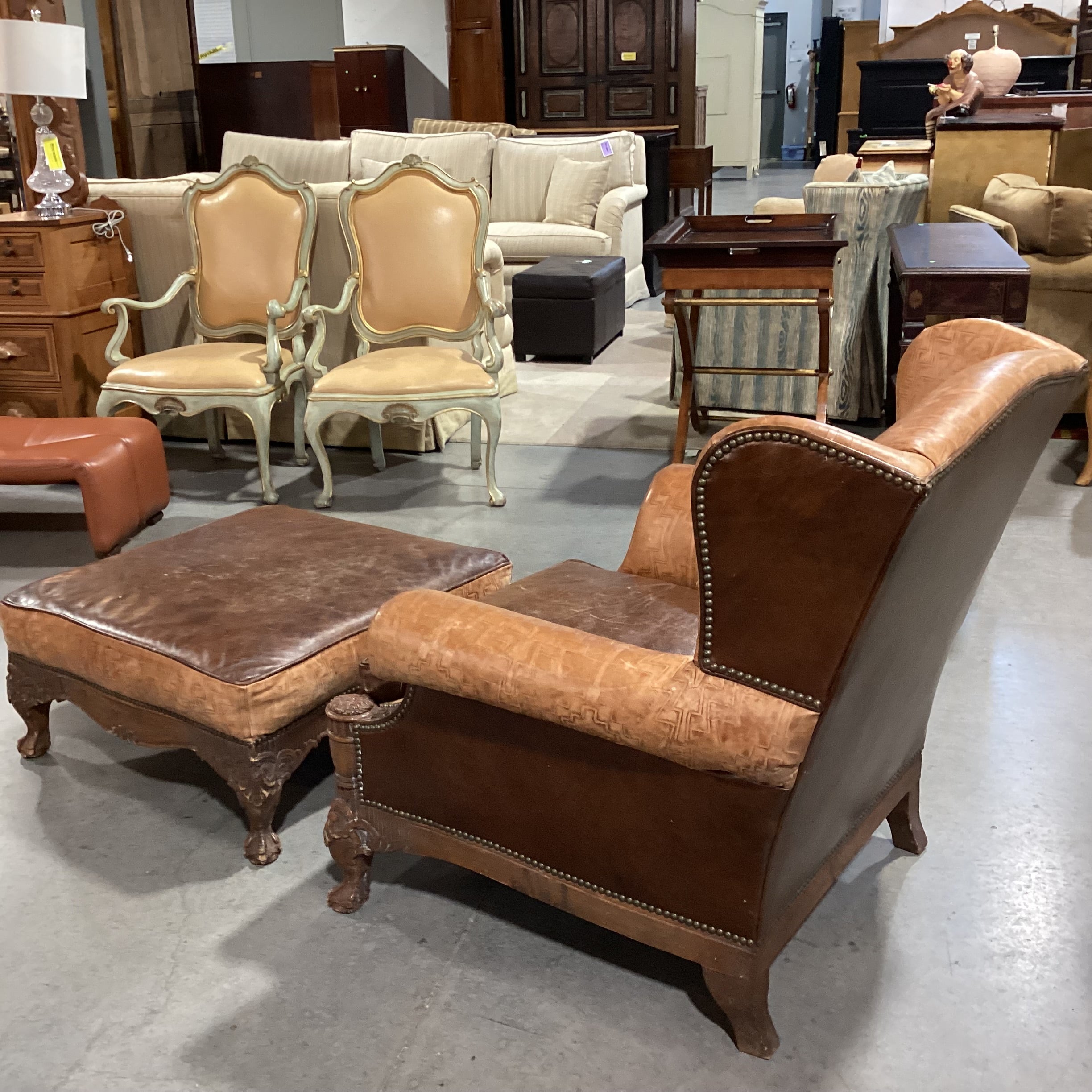 Old Hickory Tannery 2 Tone & Embossed Leather Nailhead Ornate Carved Wood with Ottoman Chair 38"x 36"x 37.5"