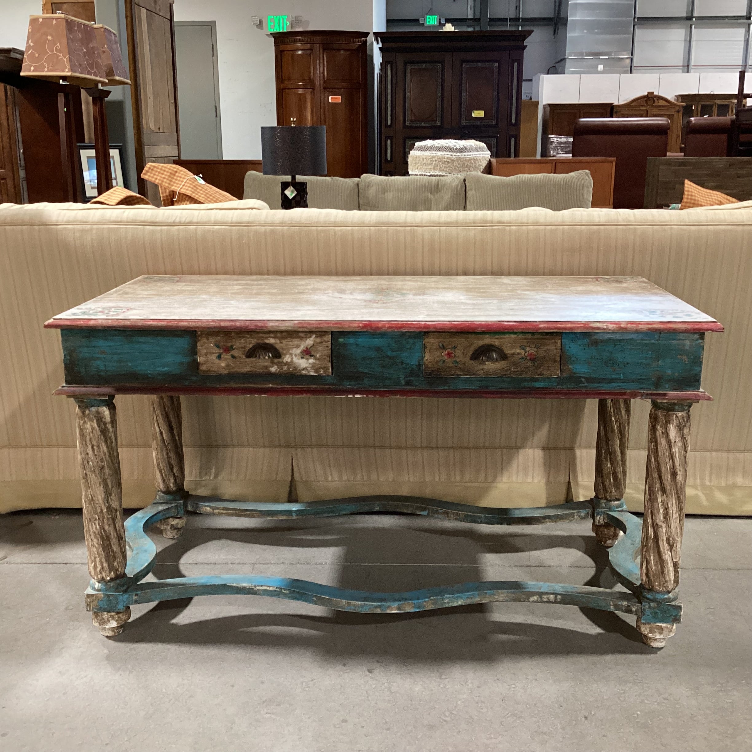 Antiqued Finish Hand Painted Blue & Red Floral Carved Wood 2 Drawer Accent Table 58.5"x 28.5"x 32"