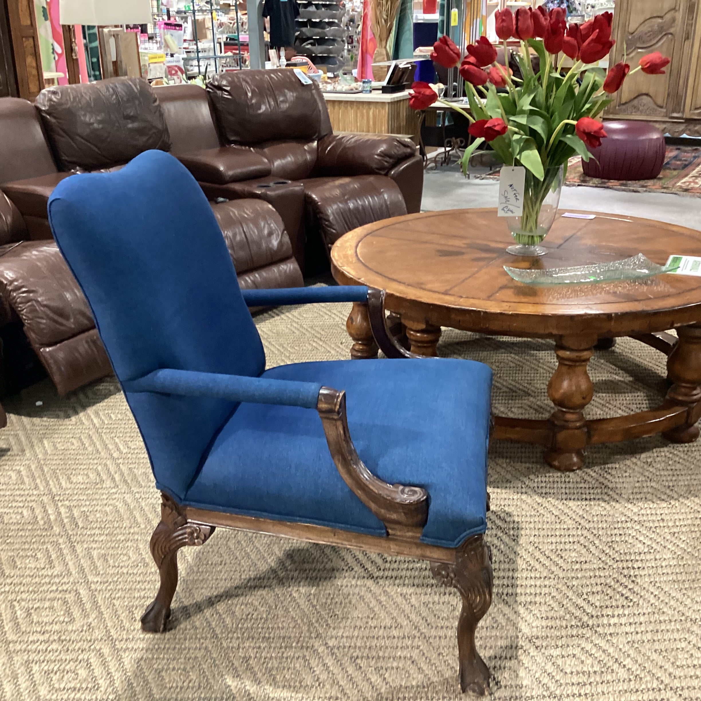 Antique Carved Wood Claw & Ball Foot & Denim Upholstered Chair 29"x 32"x 38"