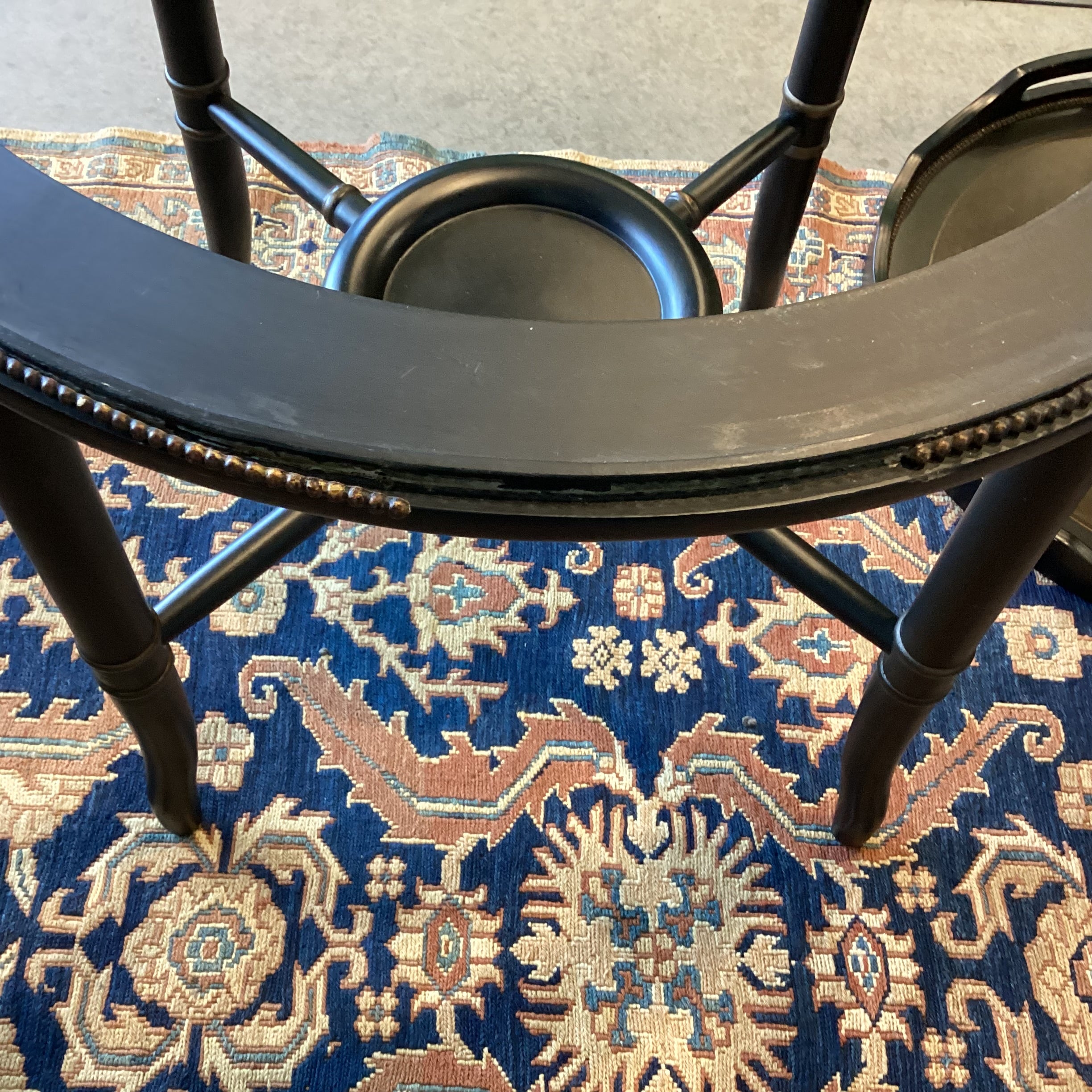 Black Distressed Wood with Ornate Trestle & Metal Beading Detail Round Tray Top Accent Table 26" Diameter x 26.5"