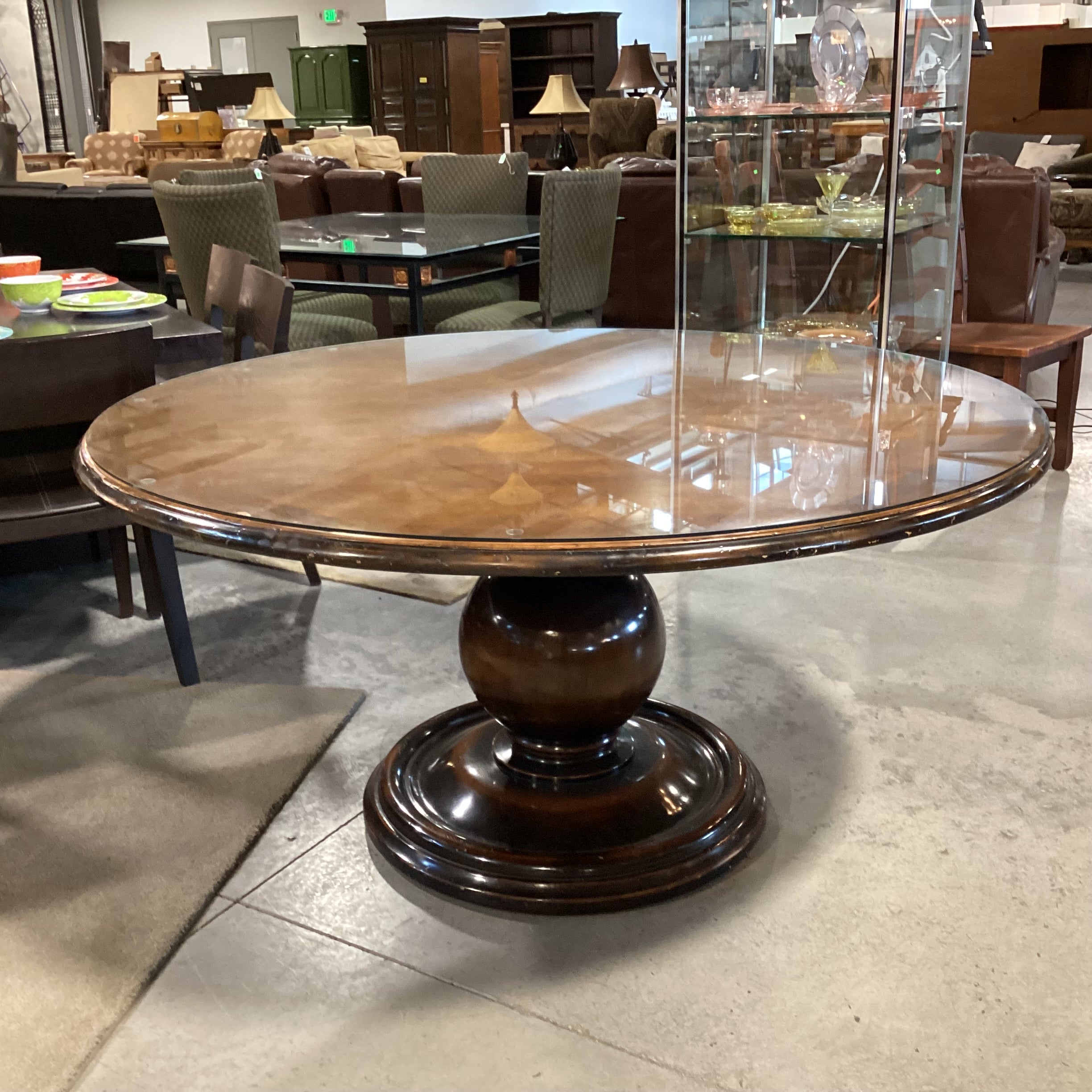 Carved Distressed Finish with Ornate Pedestal & Glass Top Round Dining Table 60" Diameter x 30"