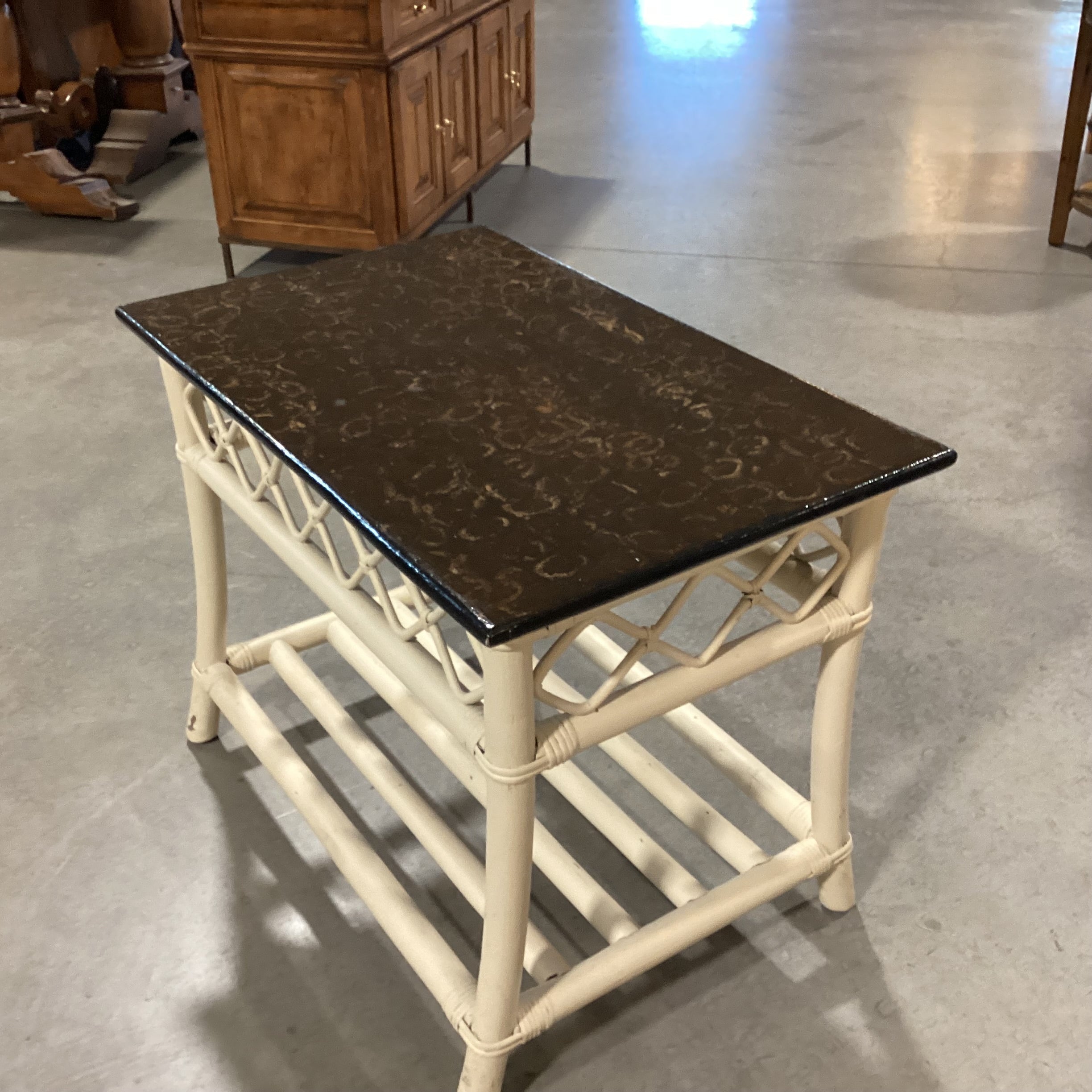 Cream Rattan & Finished Detailed Wood Top Accent Table 30"x 19"x 23.5"