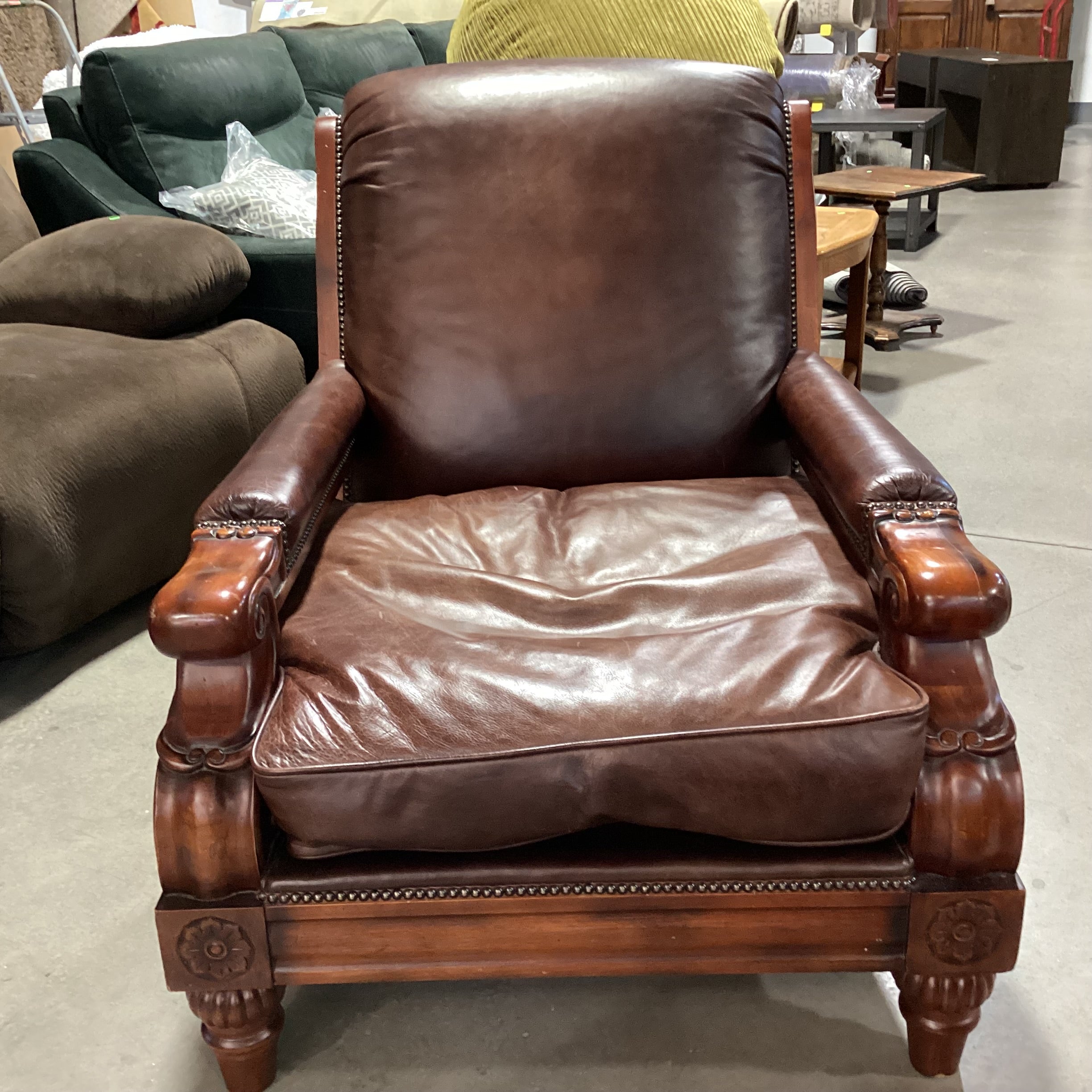 Carved Wood Leather Nailhead Down Mix with Ottoman Chair 36"x 44"x 40"