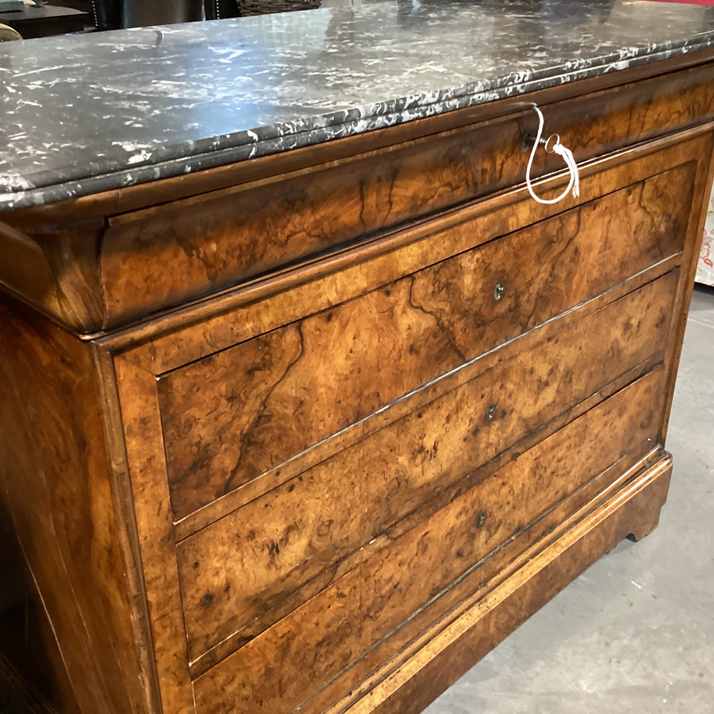 Antique Mediterranean Olive Burl 4 Drawer with Marble Top Desk 52"x 24.5"x 39"