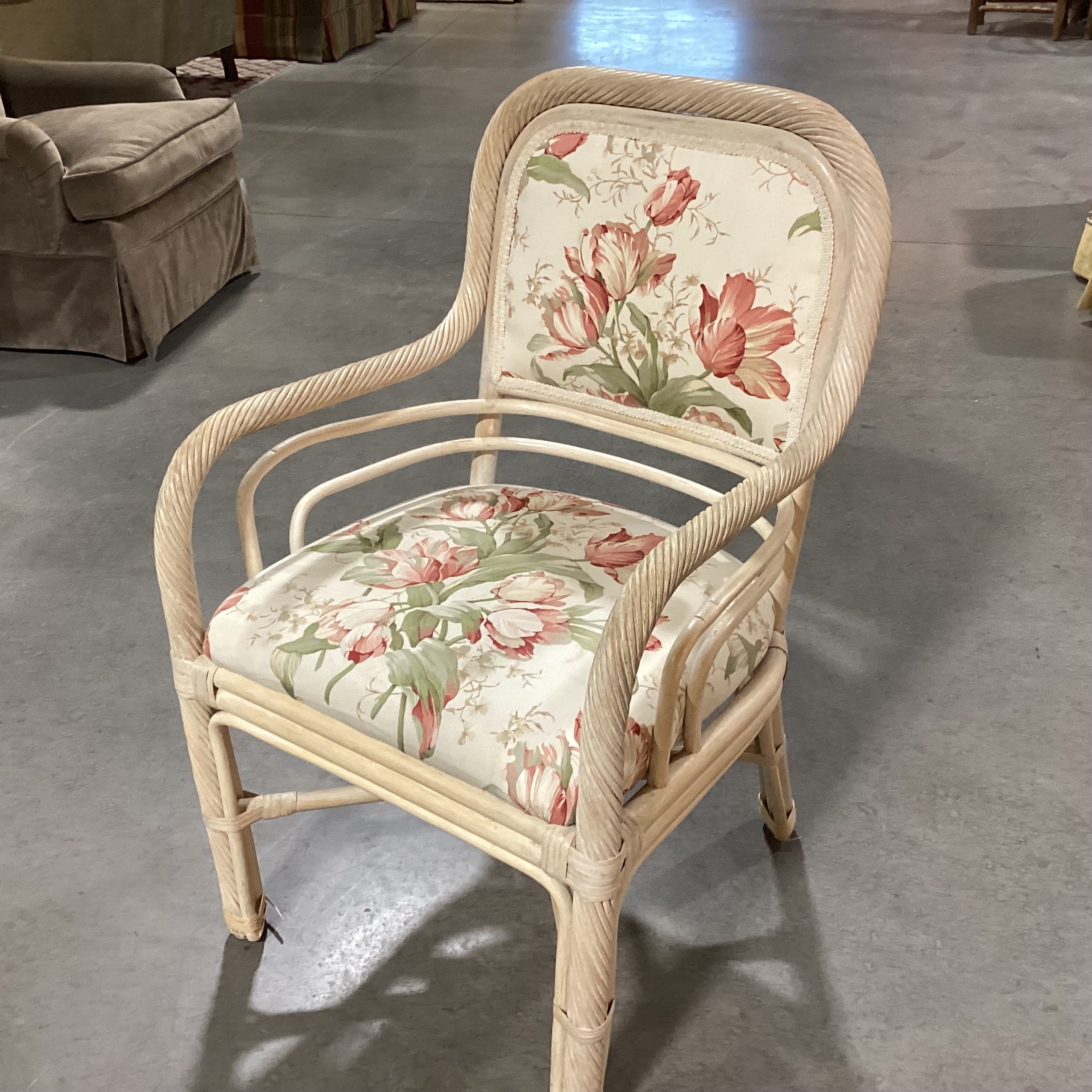 White Washed Rattan & Floral Linen Arm Chair 22"x 22"x 36.5"