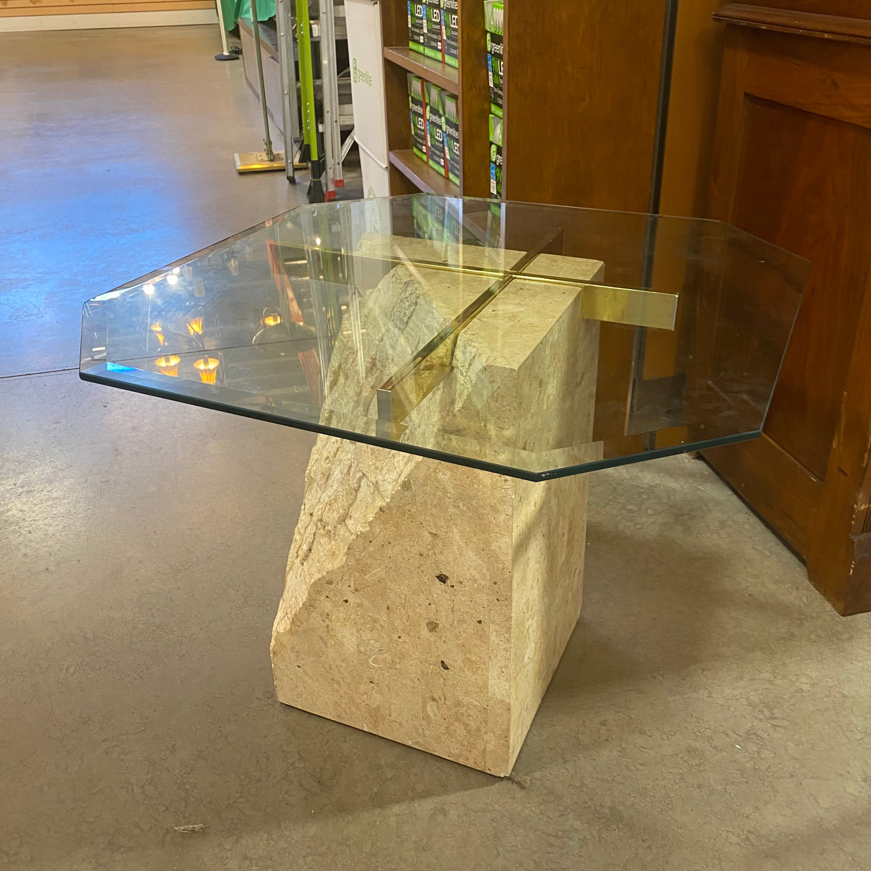 Travertine Base Beveled Glass Top Accent Table 26"x 26"x 21"