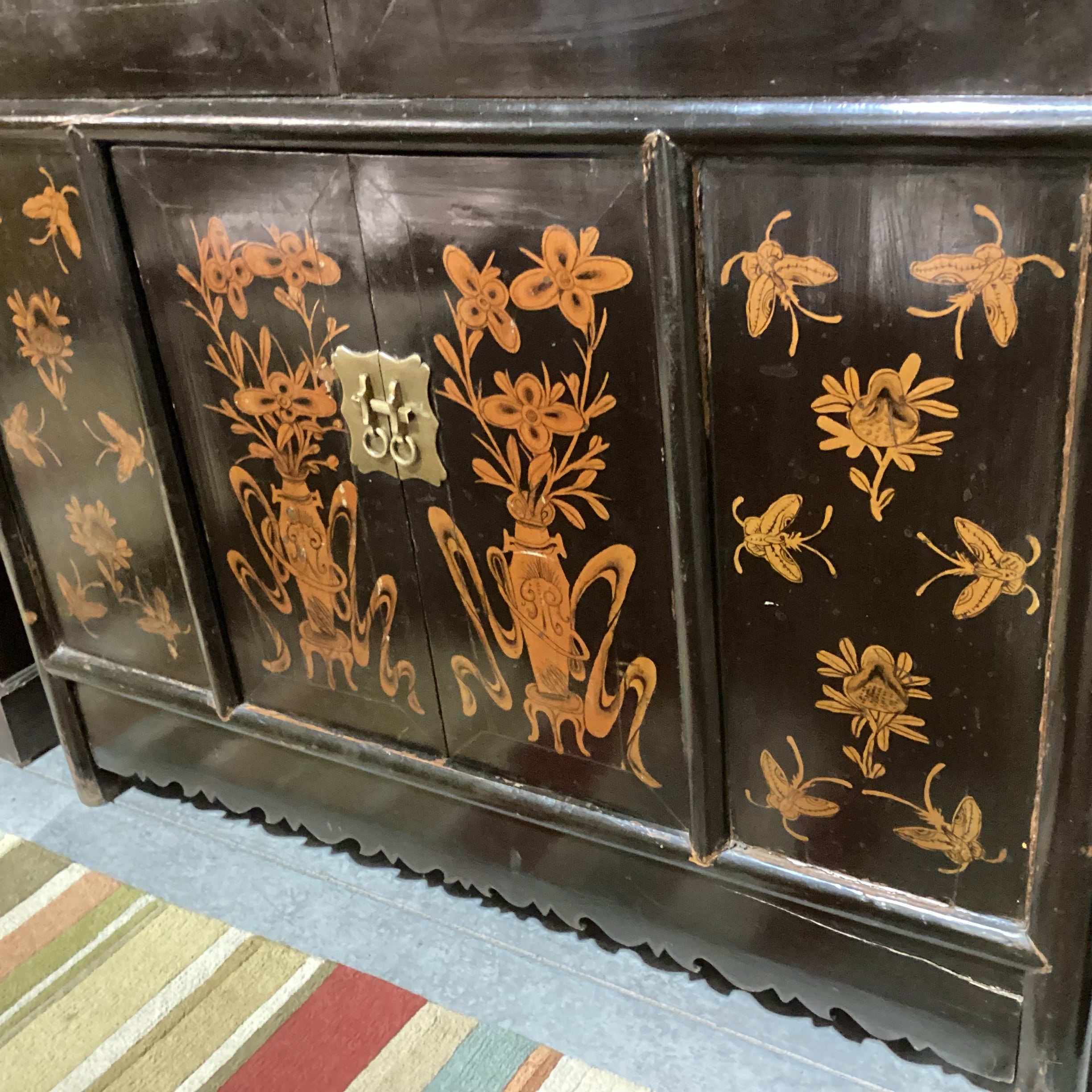 Vintage Antique Asian Black Lacquer & Gold Painted Vase Florals 4 Door with Shelves Armoire 52"x 23"x 79"