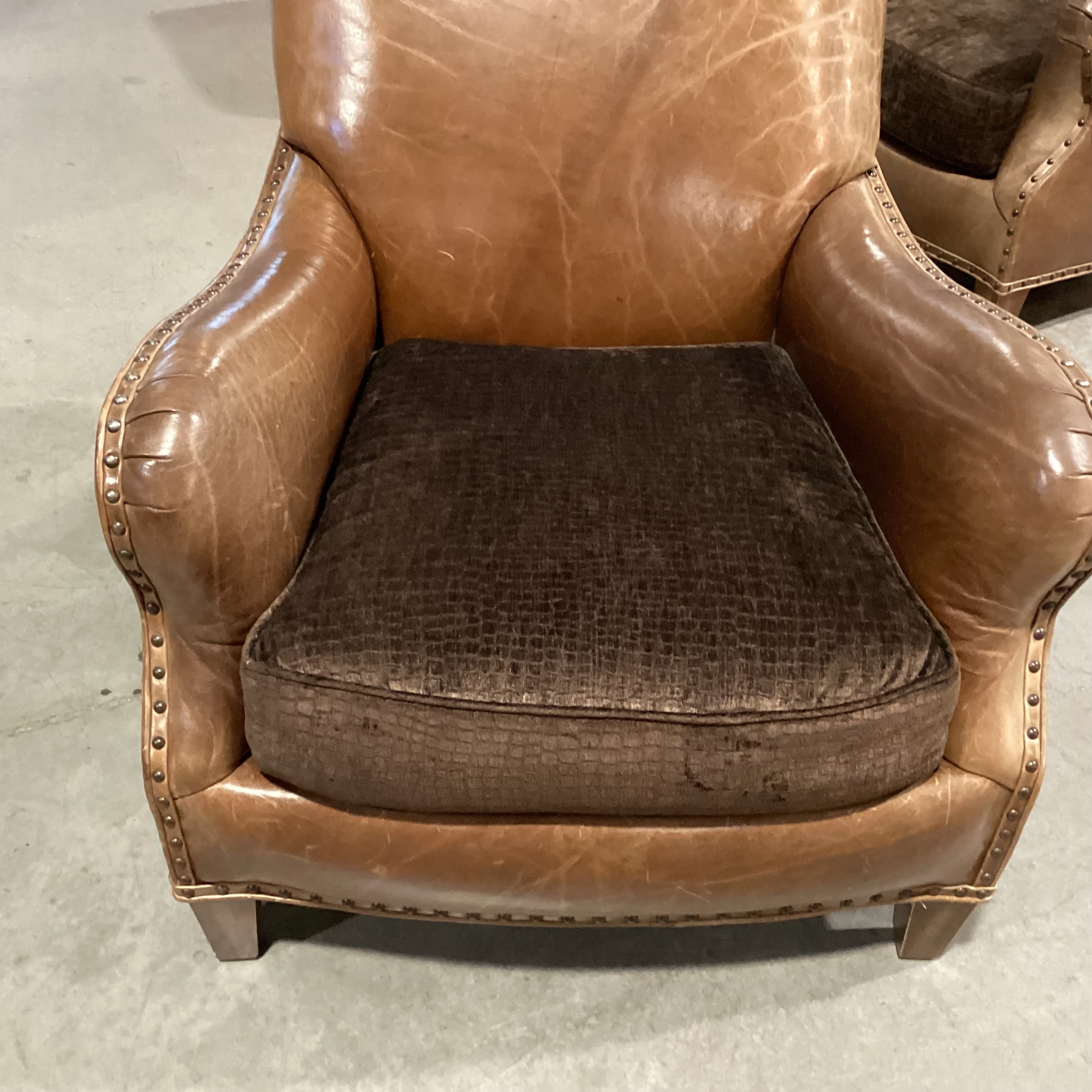 Westley Hall Collection Distressed Leather Nailhead with Brown Upholstered Seat Cushion Chair 31"x 38"x 34"