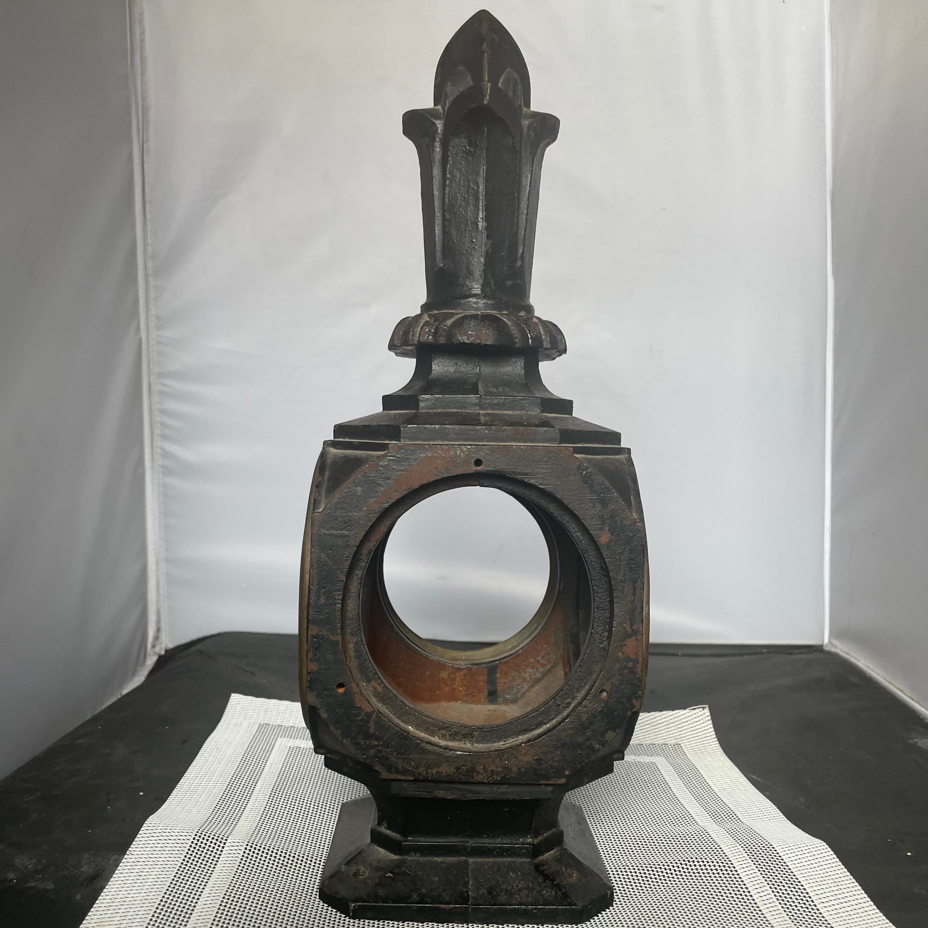 Antique Cast Iron Railroad Lamp with Ornate Finial, 5"x5"x 14.75"