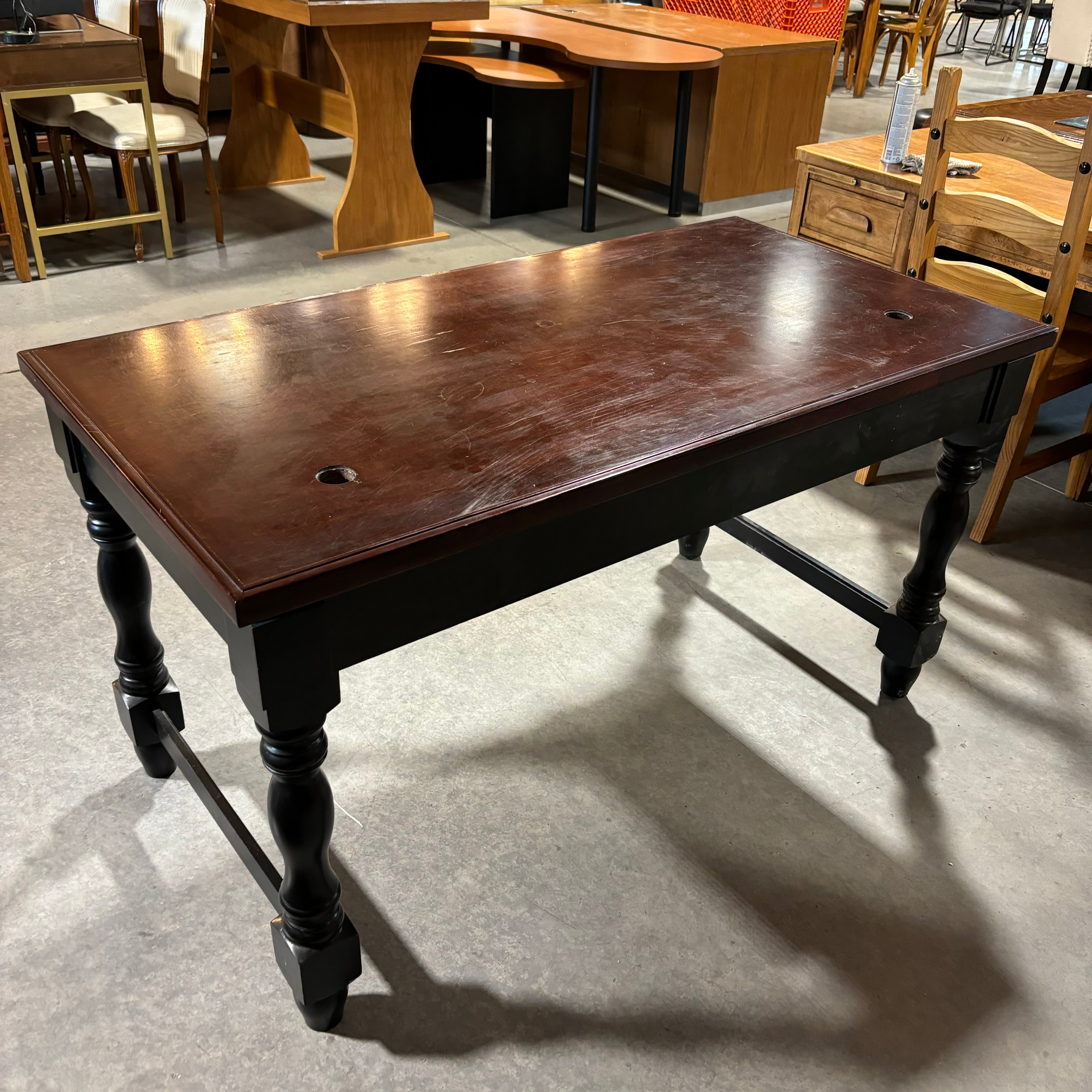 Dark Cherry Finish Top with Solid Black Wood Base 2 Drawer & Center Pullout Desk 58"x 30"x 31"
