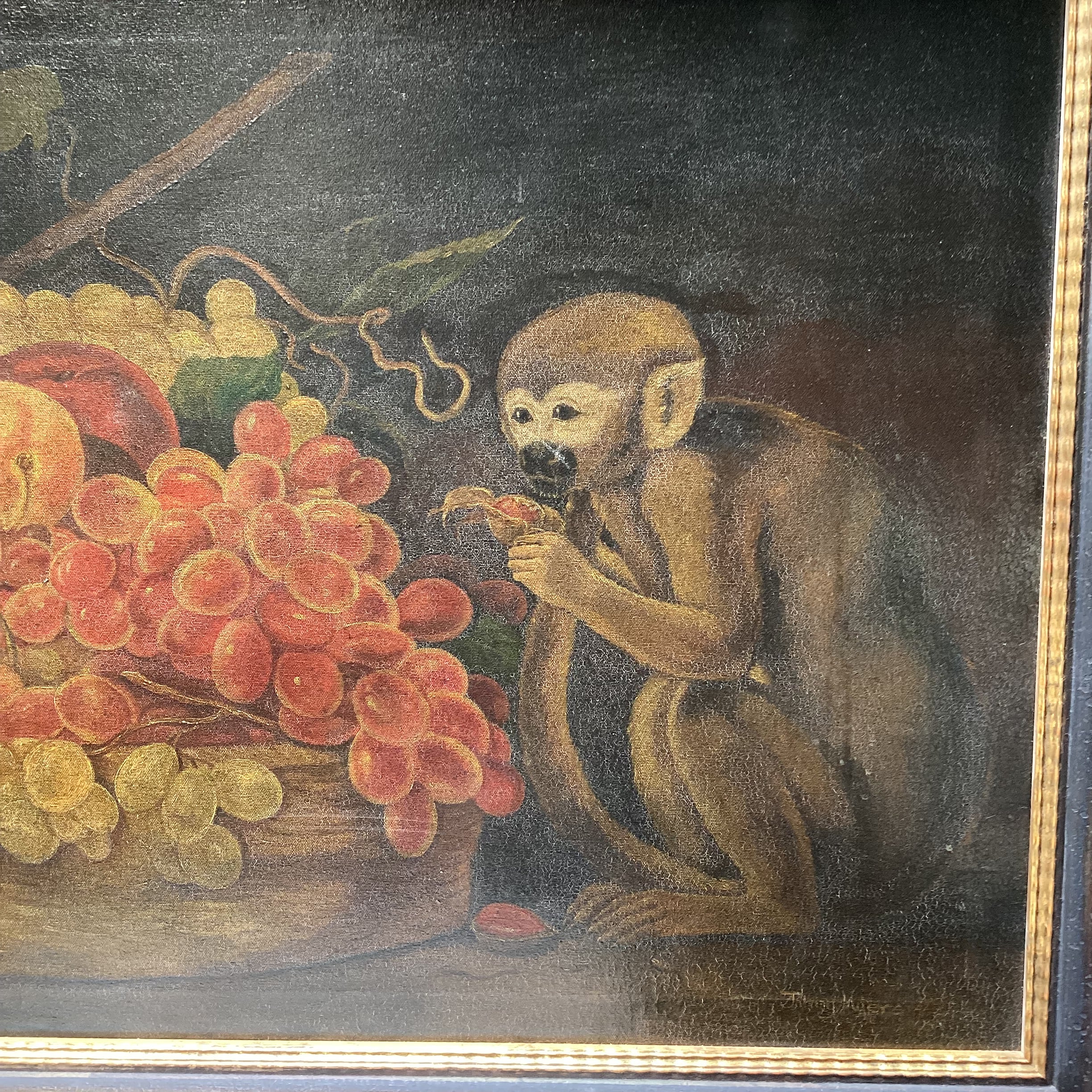 John Myers Signed Original Monkey & Fruitbowl Still Life Oil Painting 40.5" x 28.5"