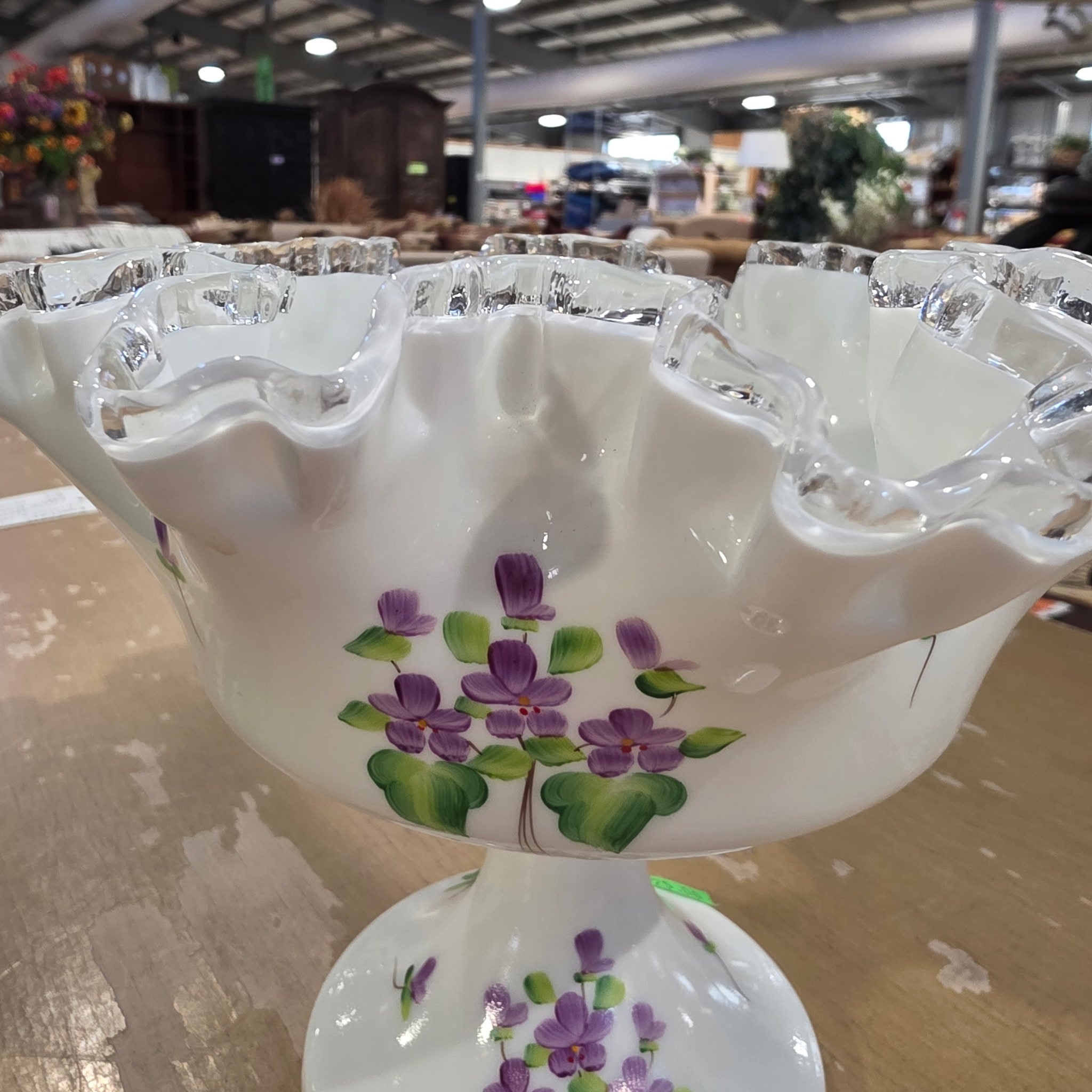 Handpainted Fenton Bowl "Violets in the Snow" by Kim Baker 8" Diameter x 6"