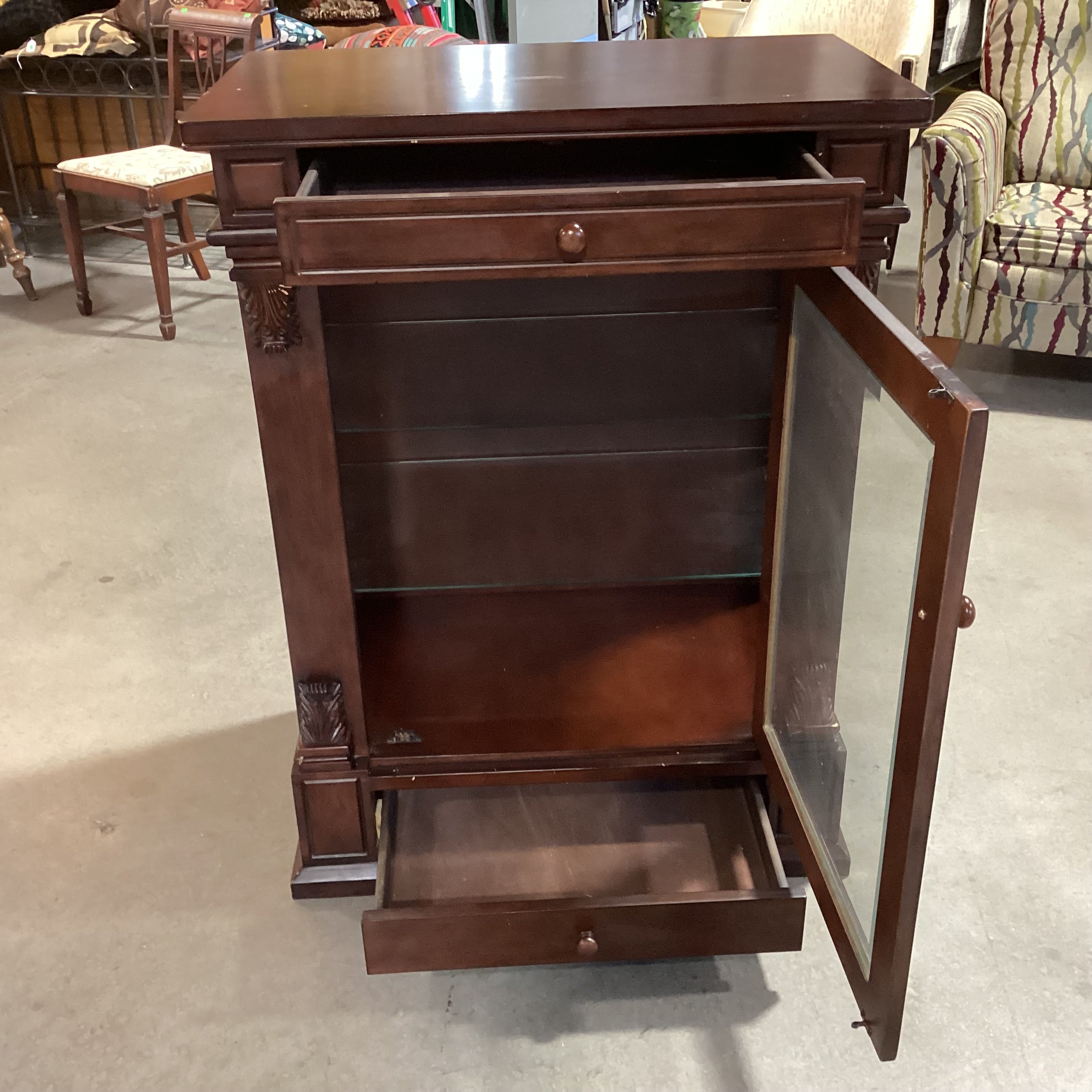 Dark Finish Carved & Glass 2 Drawer & Shelves Display Cabinet Bookcase