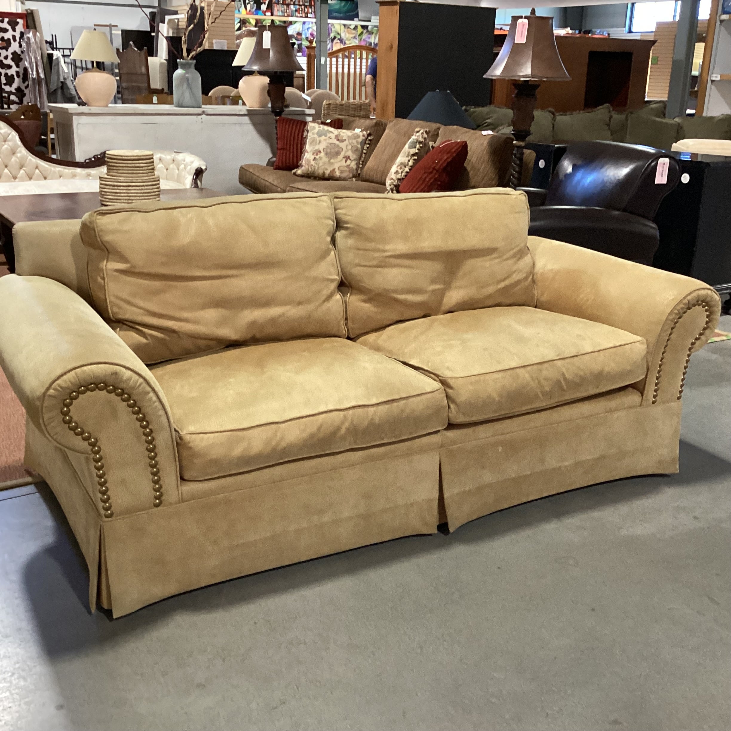 Golden Tan Leather Roll Arm Nailhead Sofa 86"x 40"x 32"