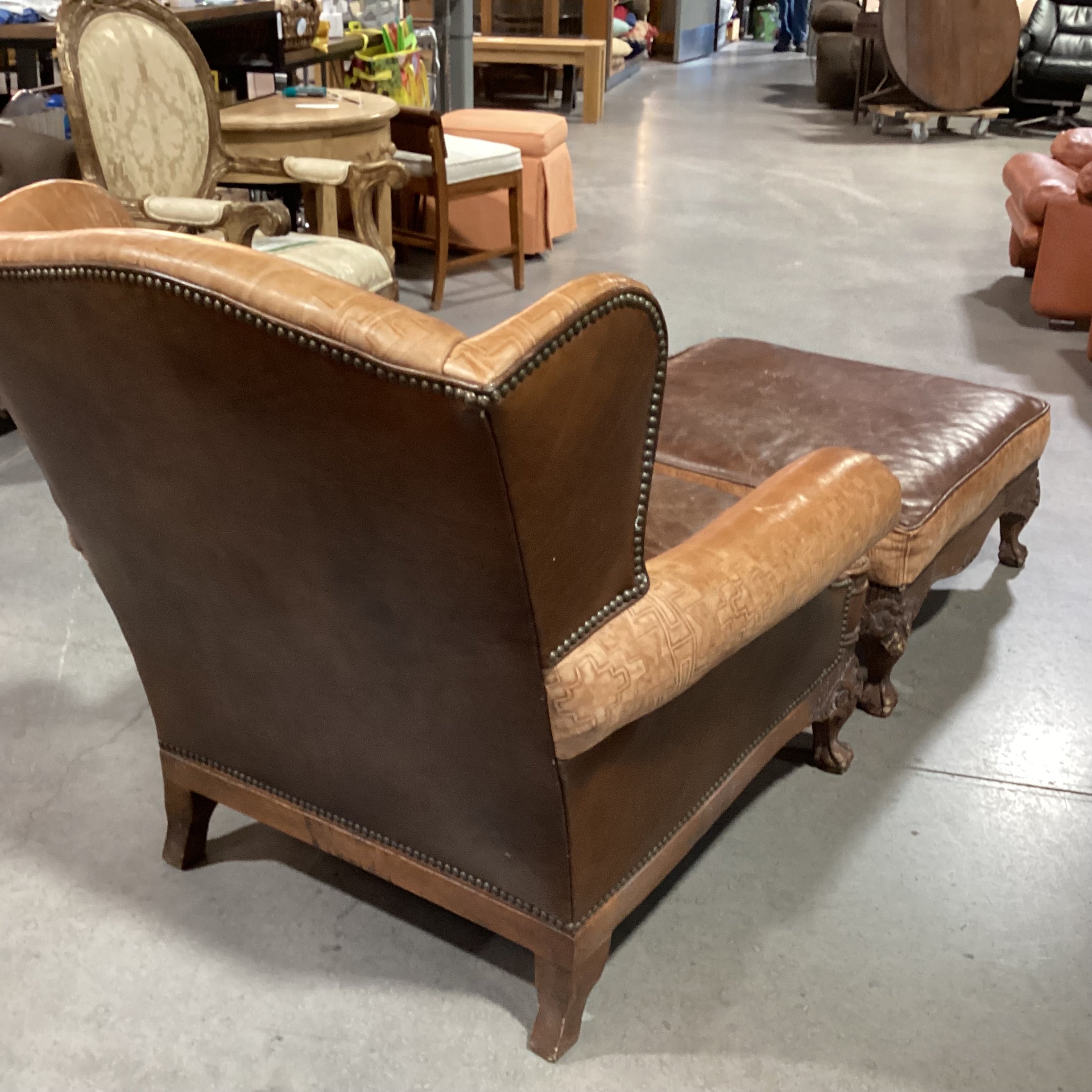 Old Hickory Tannery 2 Tone & Embossed Leather Nailhead Ornate Carved Wood with Ottoman Chair 38"x 36"x 37.5"