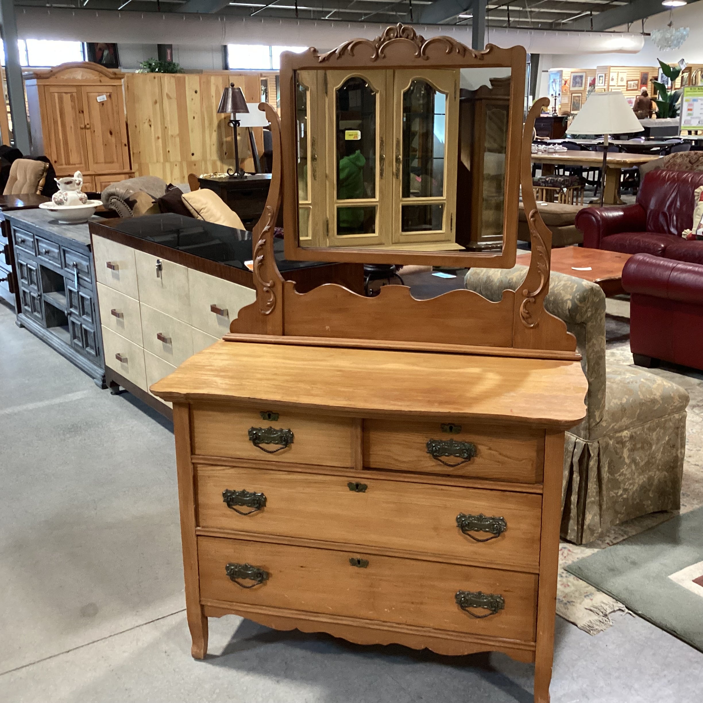 Antique Carved Wood 4 Drawer with Mirror Light Wood Finish Chest 43"x 21"x 67"