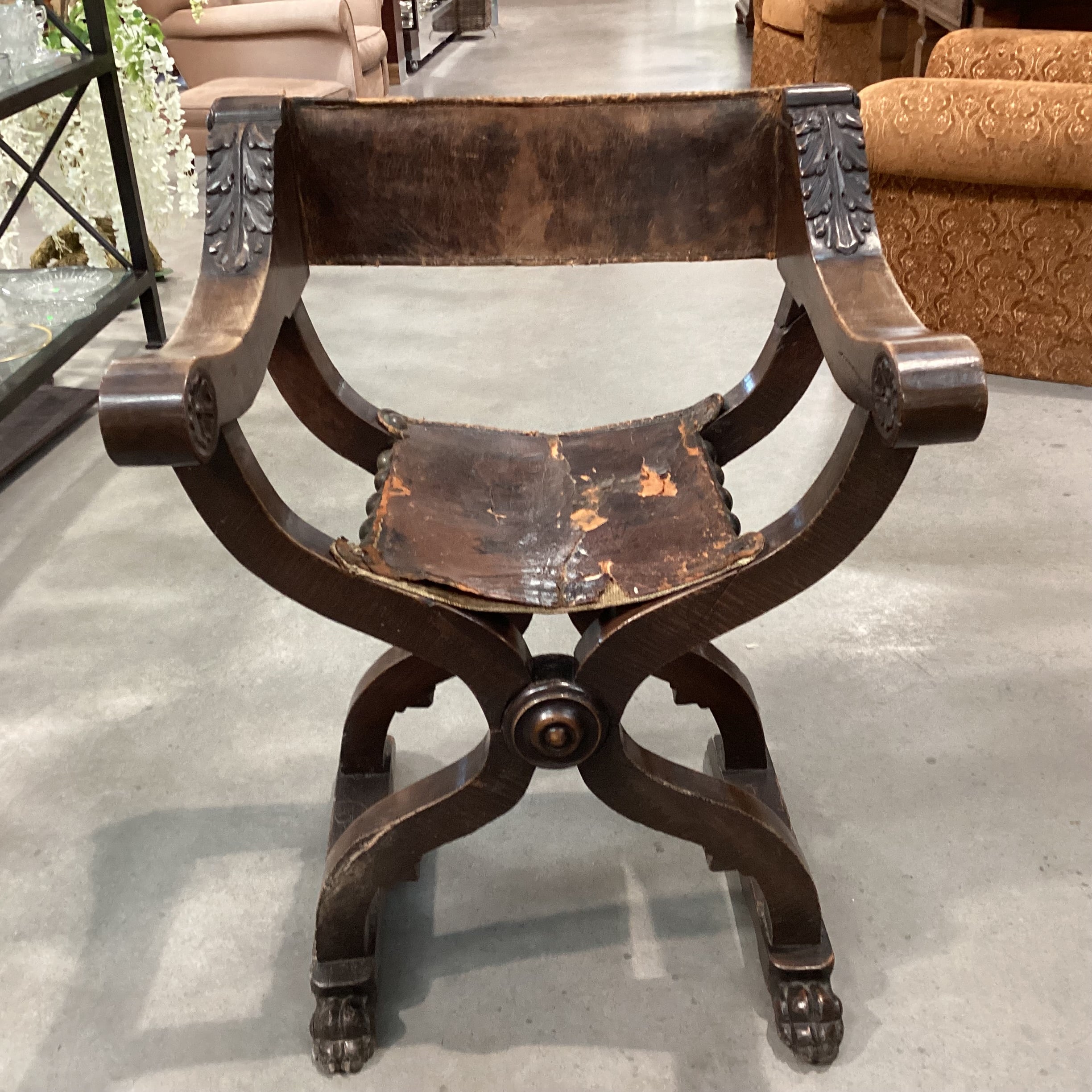 Antique Dantesque Carved Walnut & Leather Chair 27.5"x 20"x 35.5"